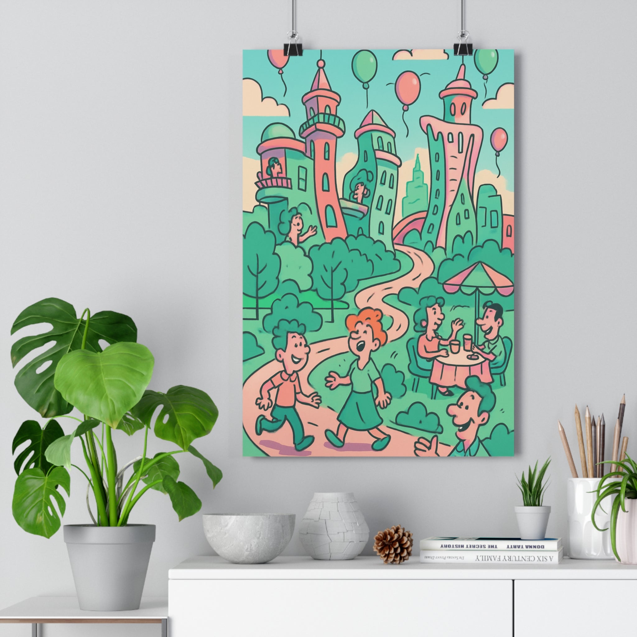 Poster décoratif urbain coloré pastel vert rose joyeux chambre enfant moderne animé ambiance festive
