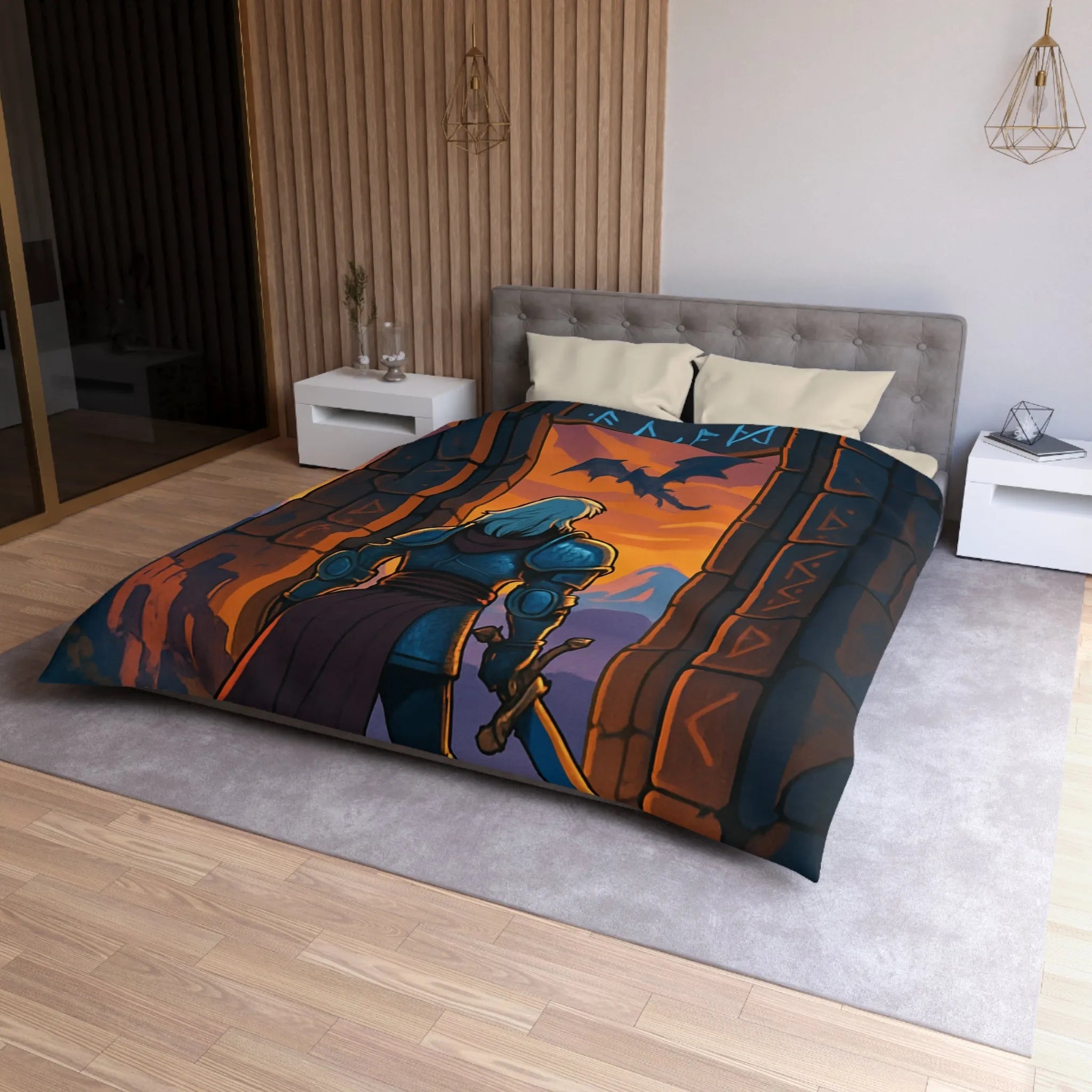 Chevalier Armé Face à Dragon, Paysage Médiéval au Ciel Orange Épique pour Chambre