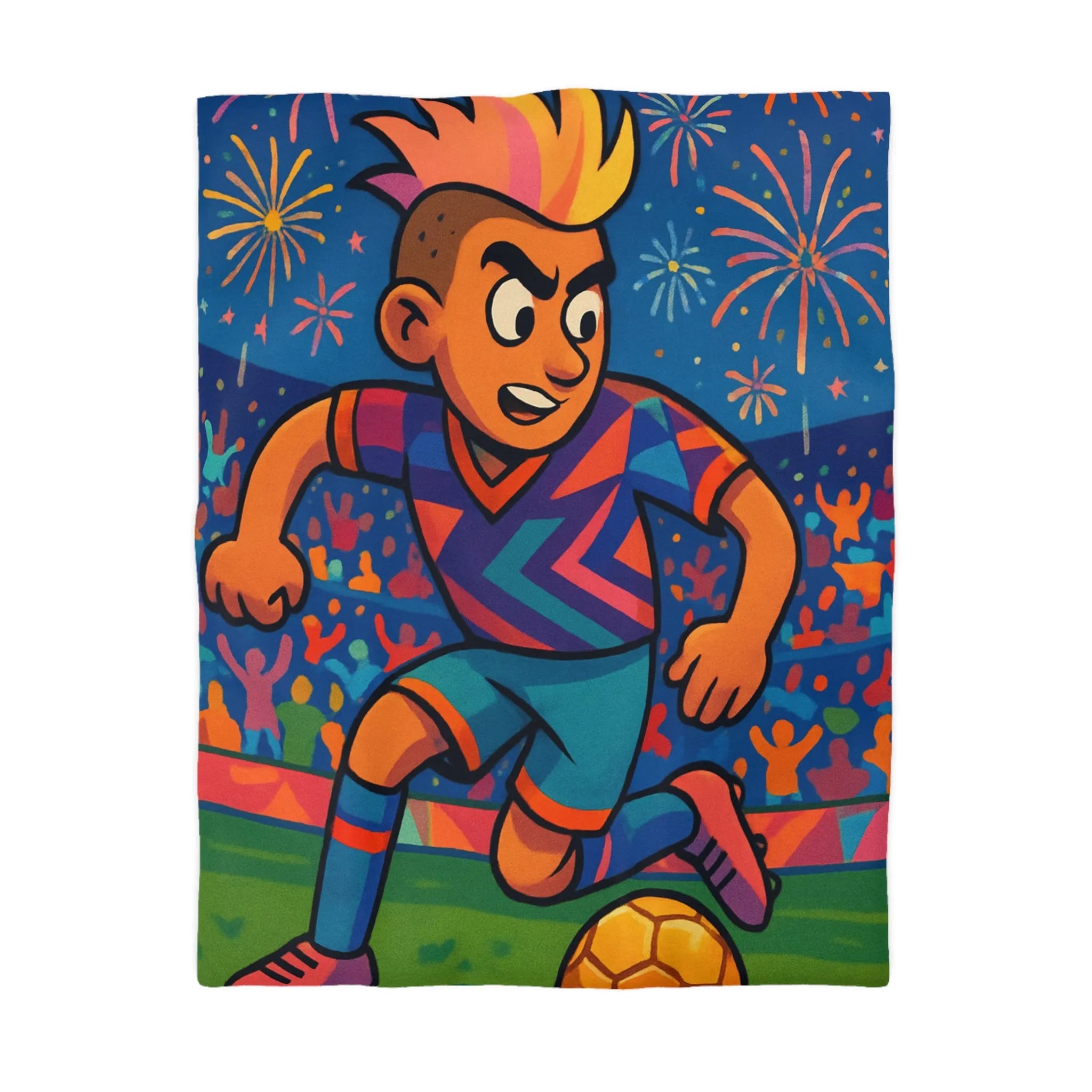 Housse de Couette Enfant Footballeur, Éclats de Couleurs, Feux d’Artifice, Terrain de Foot