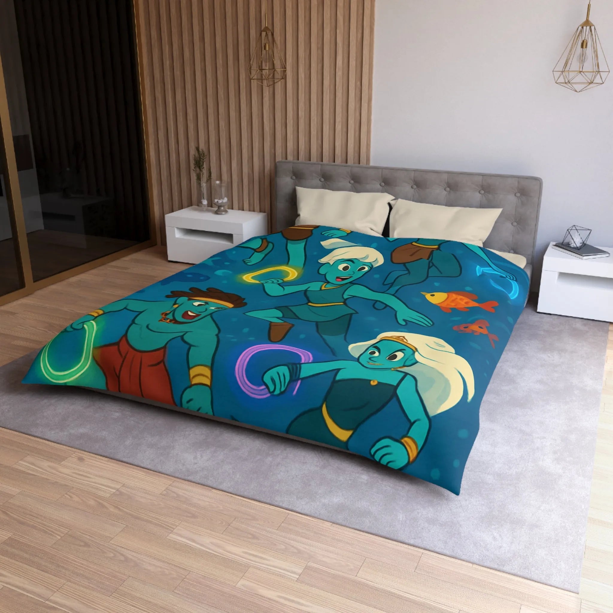 Ensemble de sirènes joyeuses aux cercles lumineux sous la mer, Housse de couette élégante