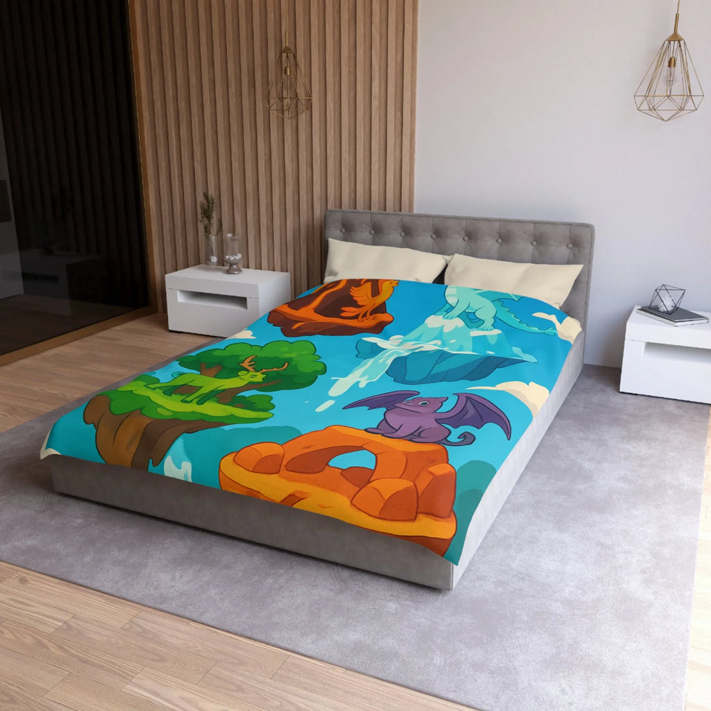 Housse de couette fantasy avec îles flottantes et créatures magiques colorées