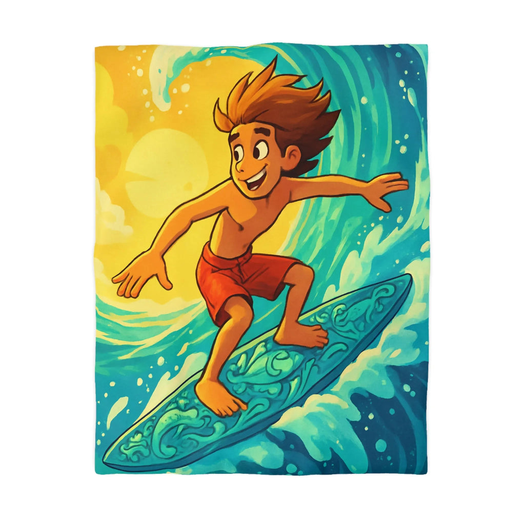 Enfant vibrant surfe sur vague turquoise sous ciel jaune vif artistique et joyeux