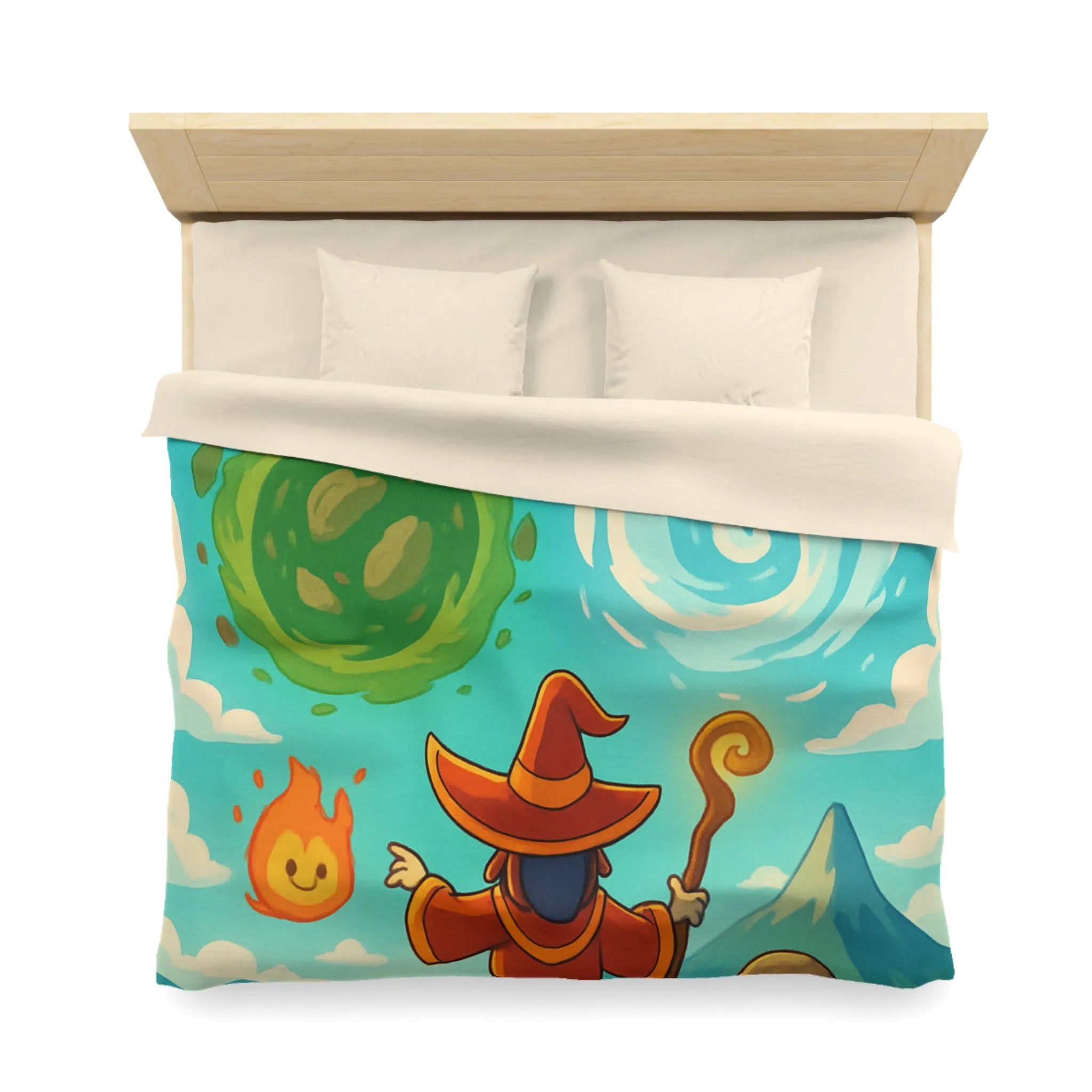 Housse de couette avec illustration magique de sorcier, élémentaires et paysage vibrant