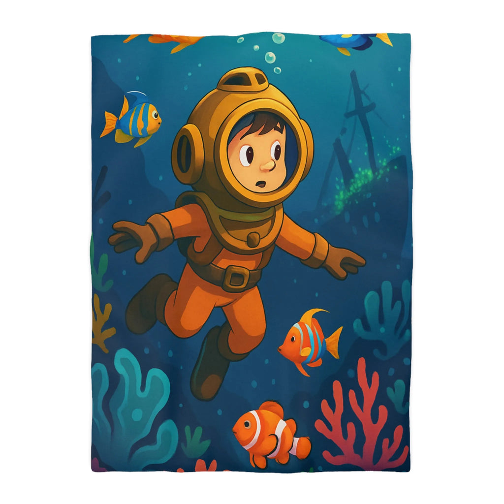 Housse de couette colorée enfant : plongeur sous-marin, poissons tropicaux et épave mystérieuse