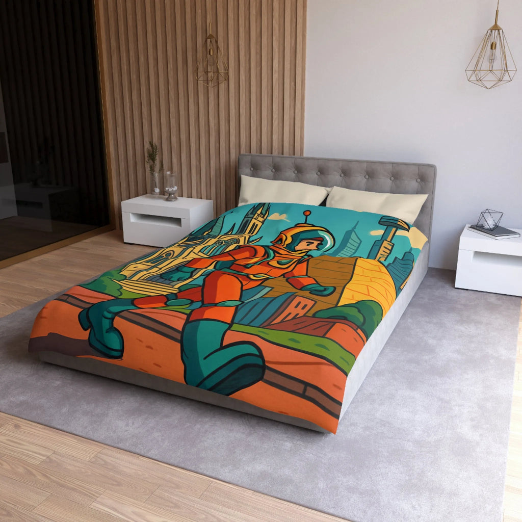 Housse de Couette Astronaute avec Paysages Urbains et Architecturaux, Couleurs Vives et Design Moderne