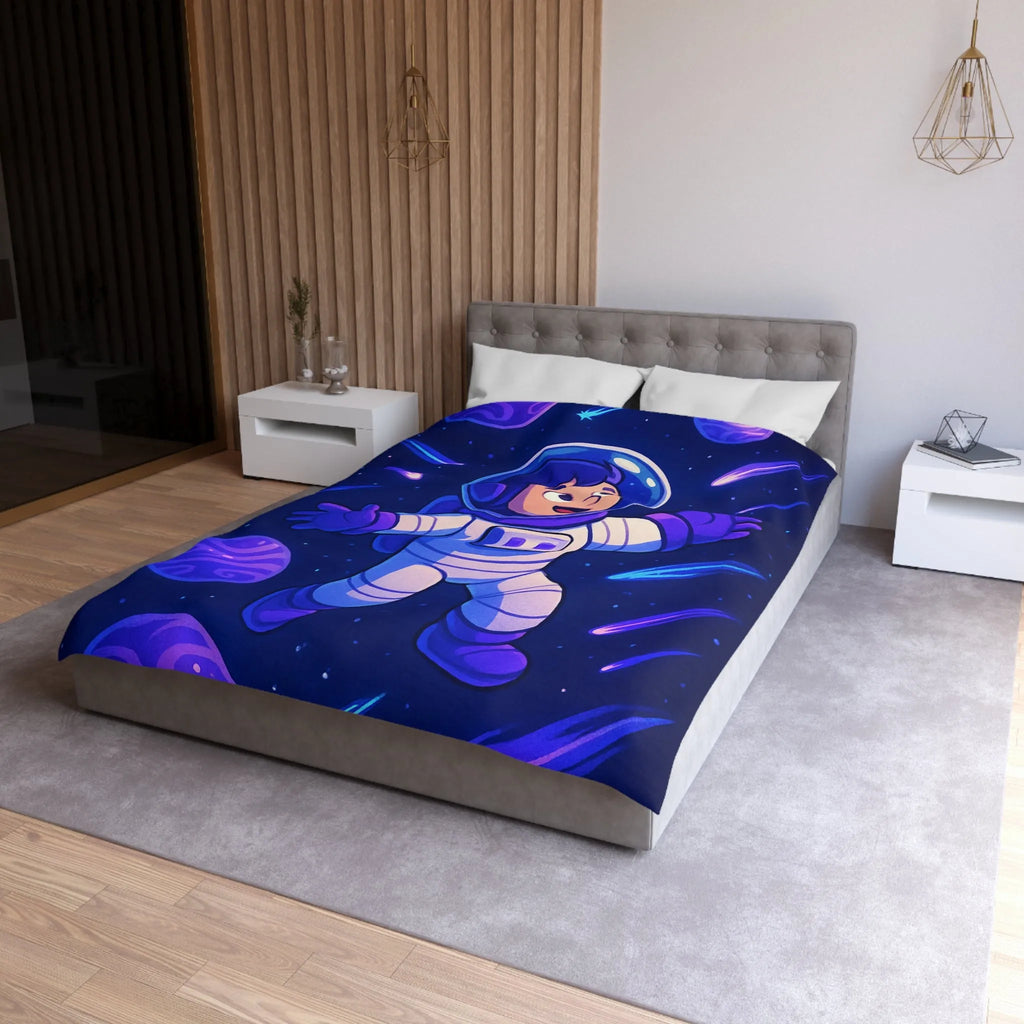 Housse de couette enfant thème espace avec astronaute et planètes colorées violettes