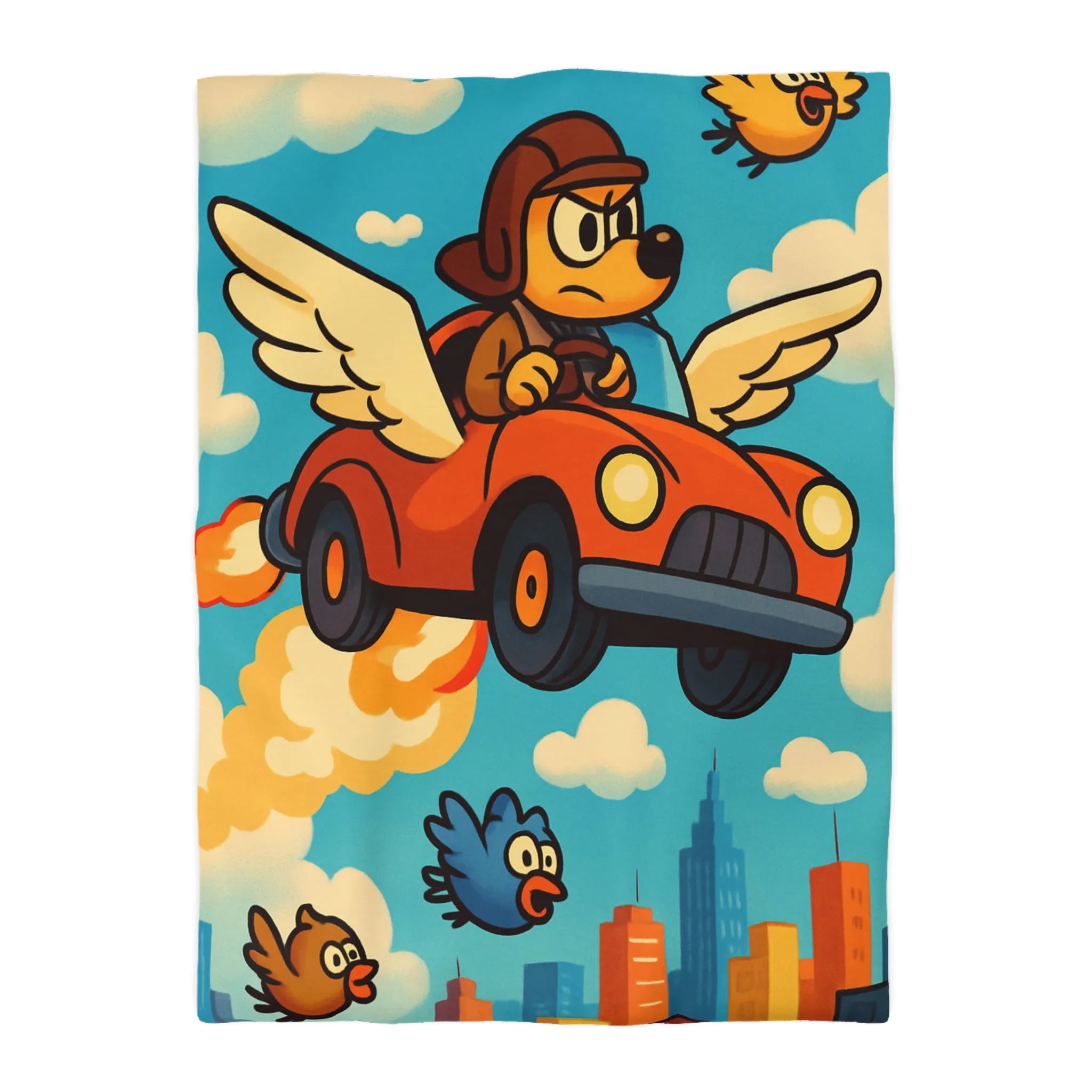 Housse de couette colorée avec chien volant dans voiture ailée au-dessus de ville cartoon