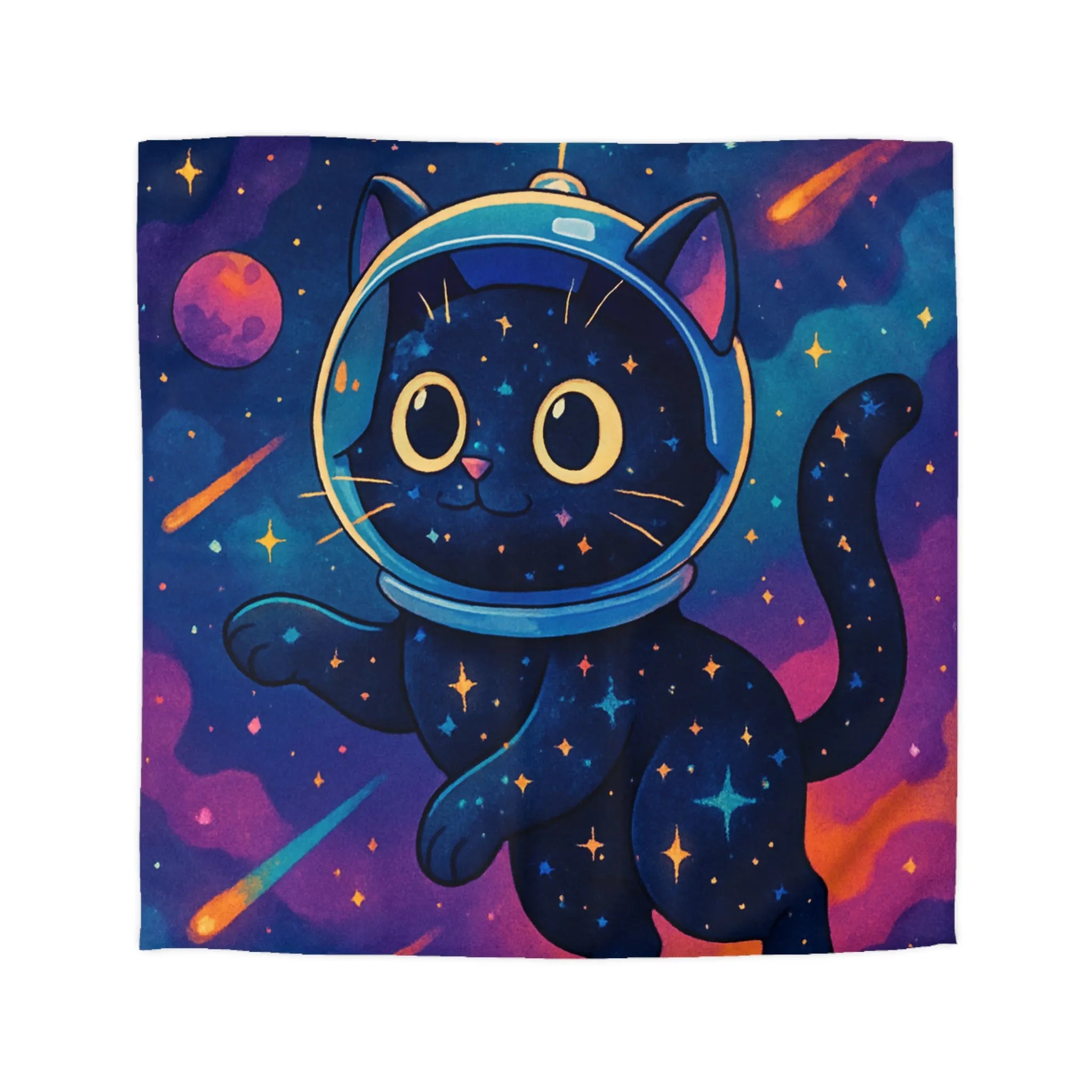Housse de couette chat cosmique dans l’espace avec étoiles et planètes colorées