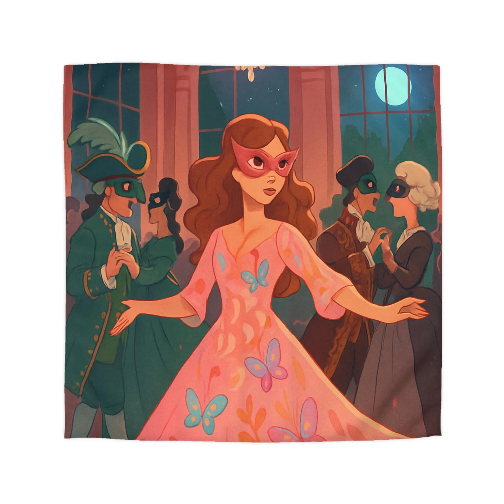 Housse de Couette Élégante avec Femmes Masquées et Papillons dans Bal Éthéré