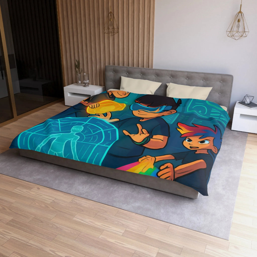 Housse de couette colorée avec enfants explorant un monde futuriste numérique et lumineux