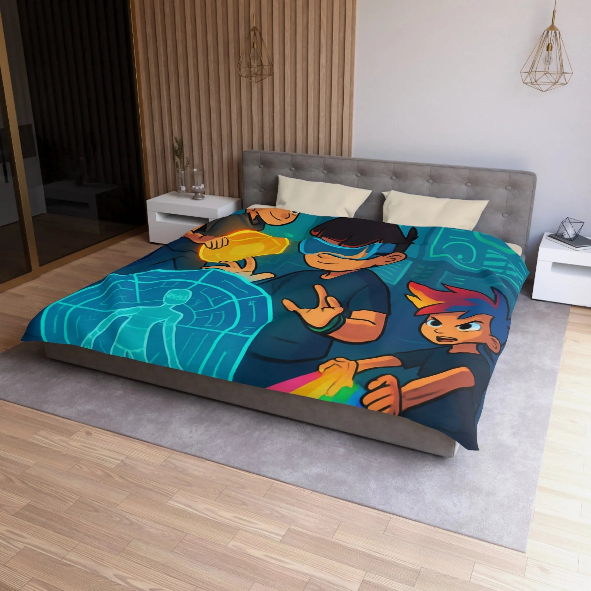 Housse de couette colorée avec enfants explorant un monde futuriste numérique et lumineux