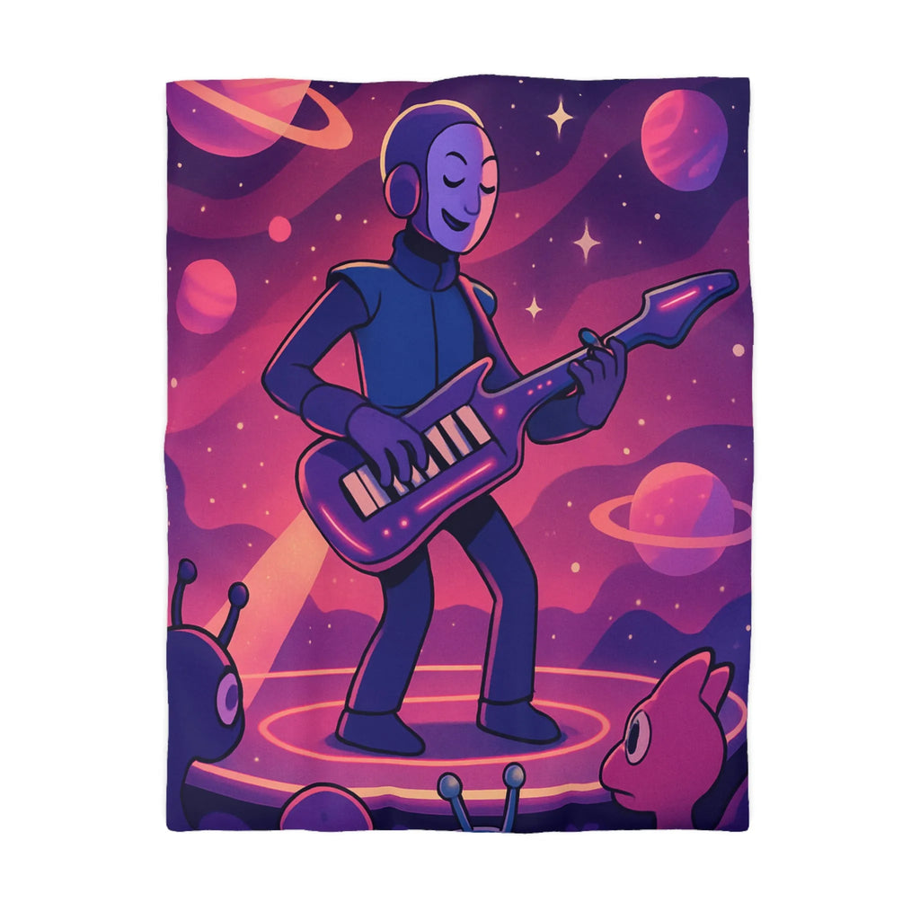 Housse de couette colorée avec astronaute jouant de la guitare dans l’espace cosmique magique