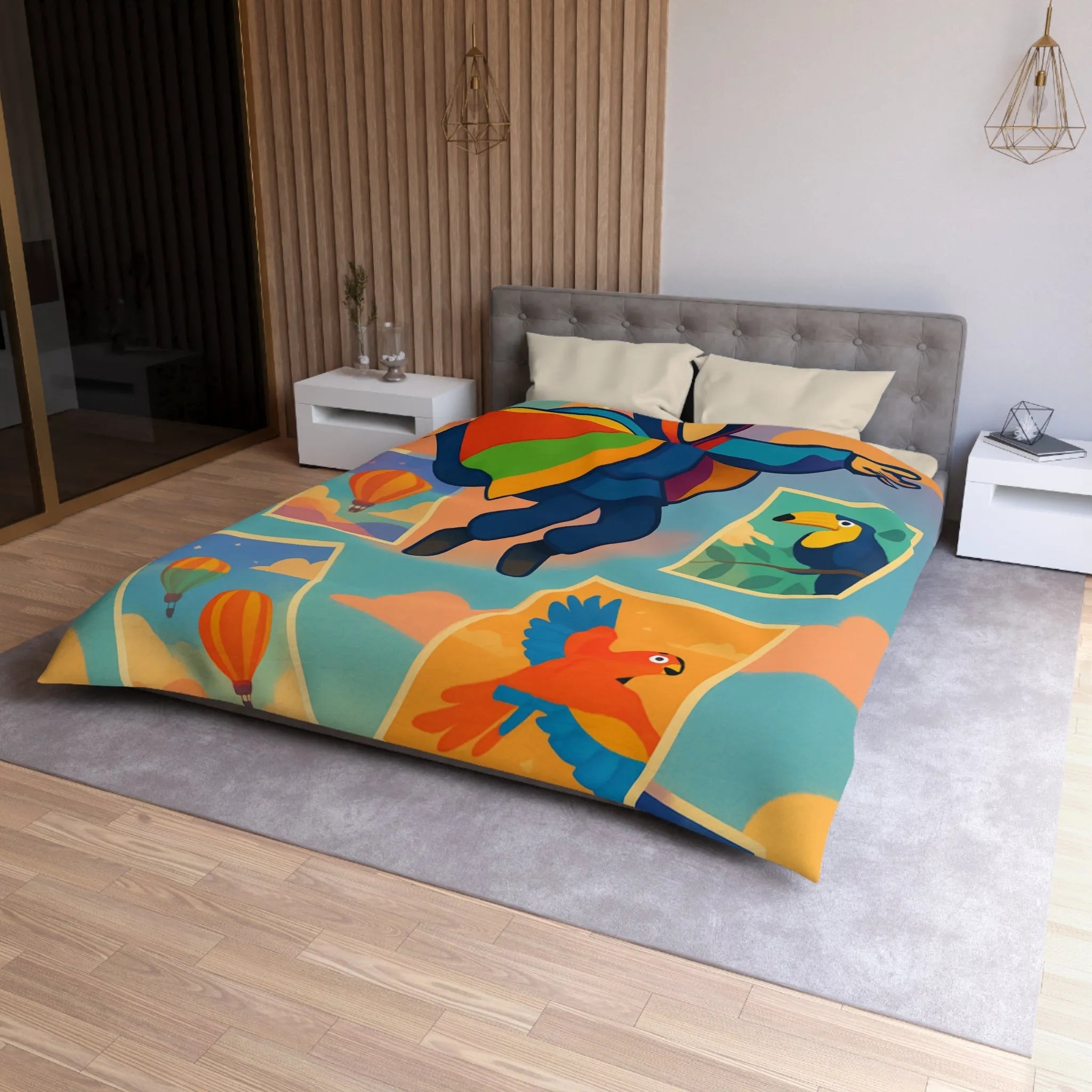 Housse de couette colorée avec motifs d'aventure de montgolfières et oiseaux exotiques