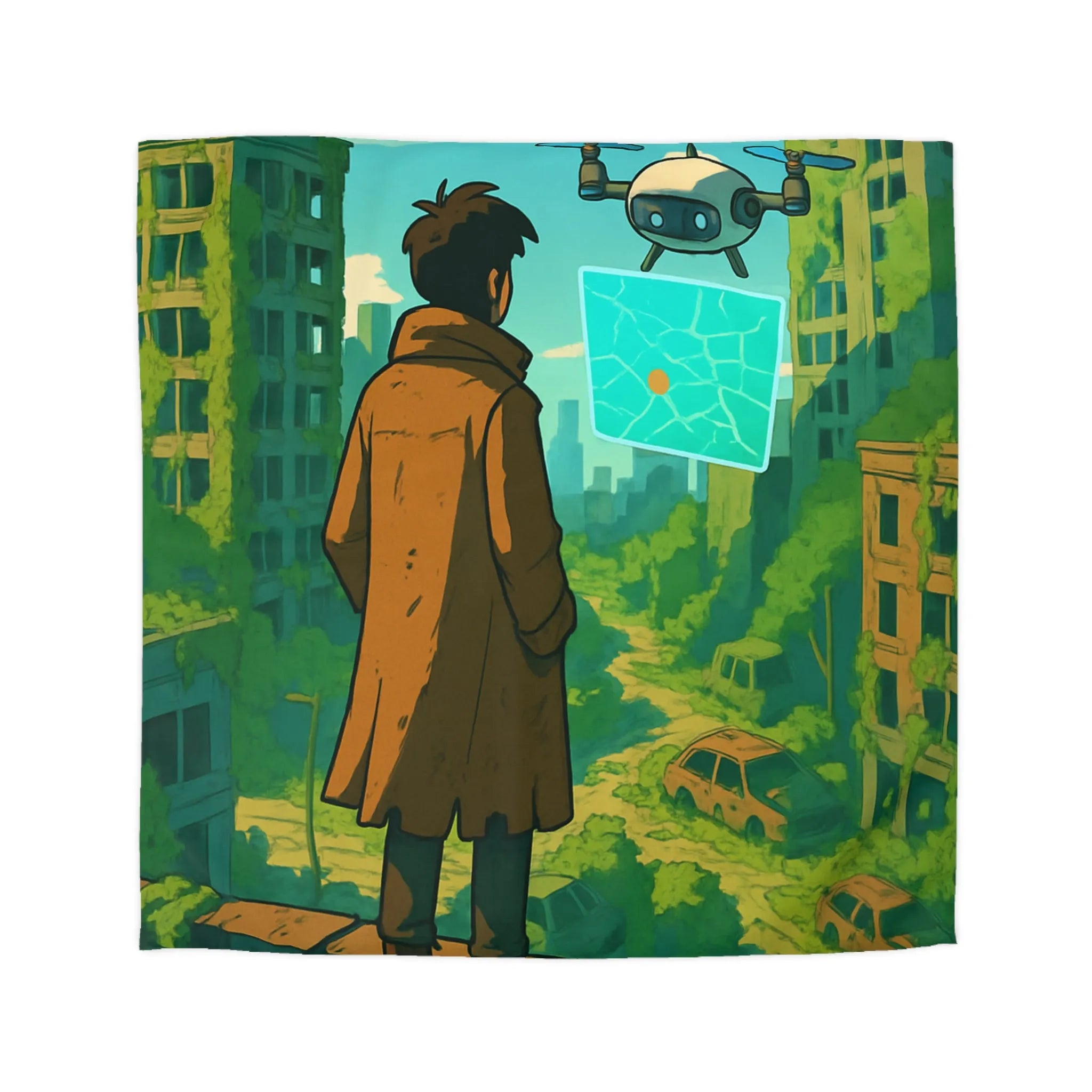 Housse de couette aventure post-apocalyptique avec drone et carte, style urbain nature