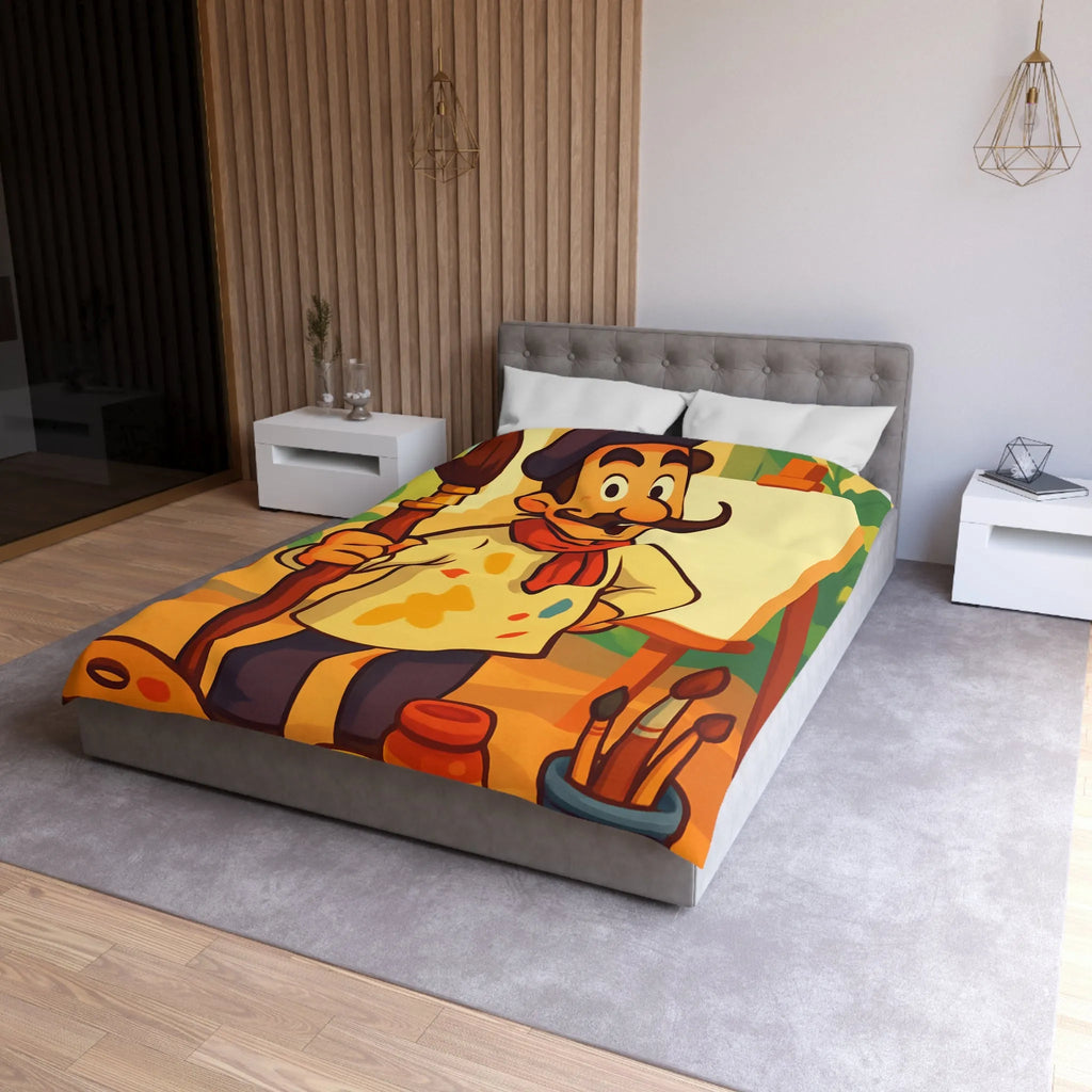 Housse de couette artiste moustachu amusant avec chevalet, pinceaux et pots de peinture