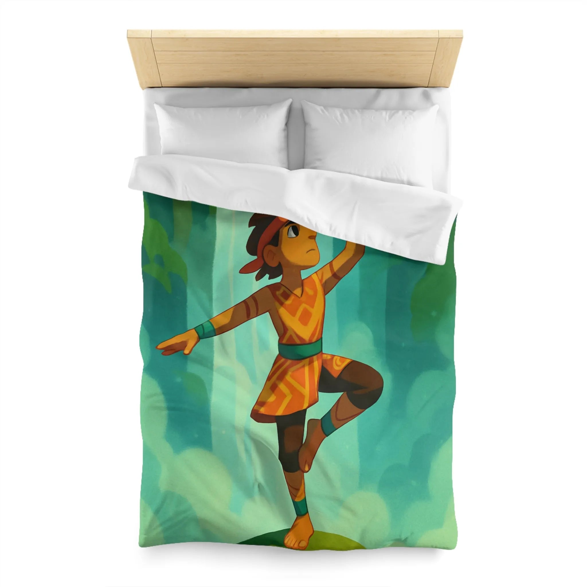 Housse de couette avec motif aventureux illustrant cascade et cristal lumineux vibrant