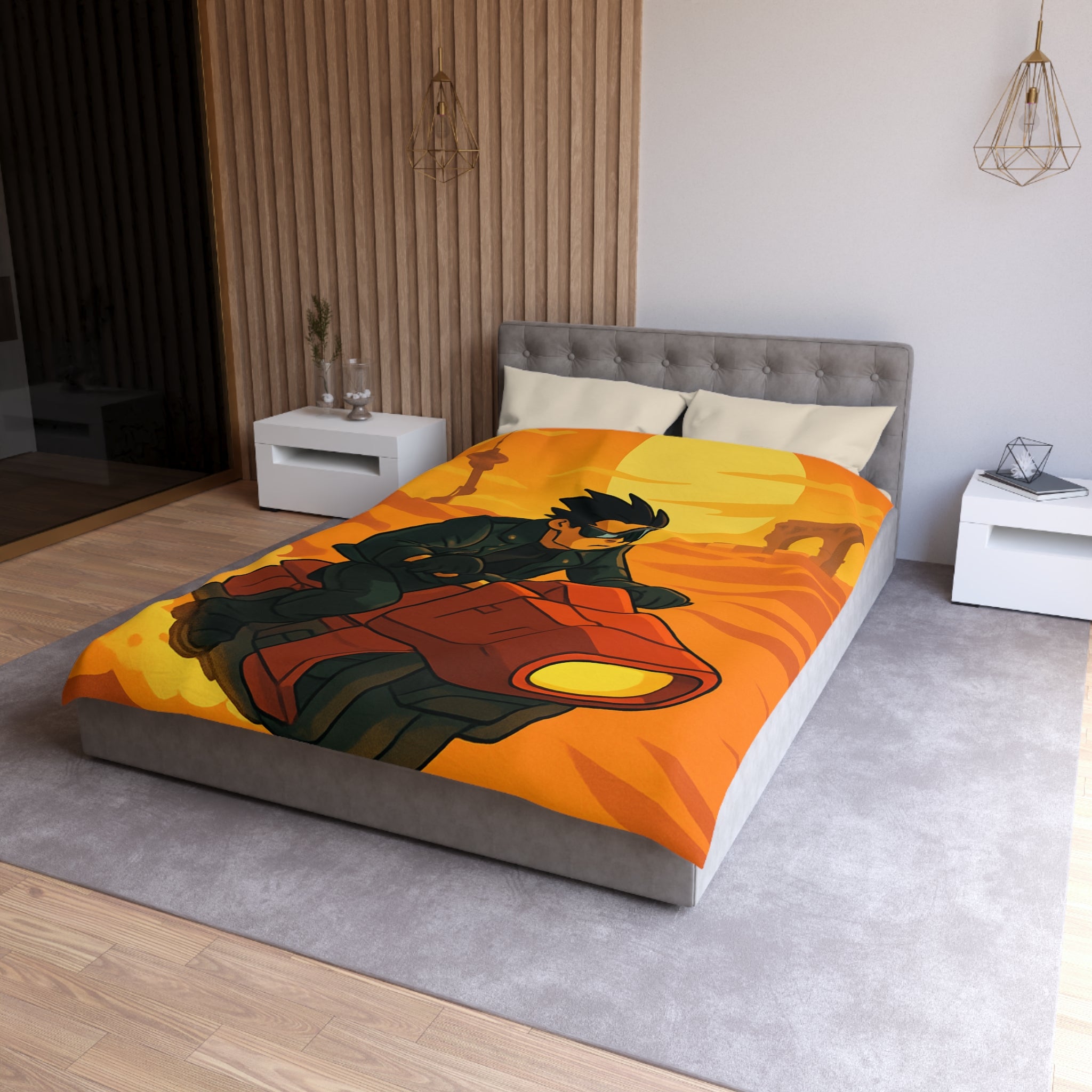 Housse de couette moto futuriste sur désert orangé avec soleil couchant et ruines