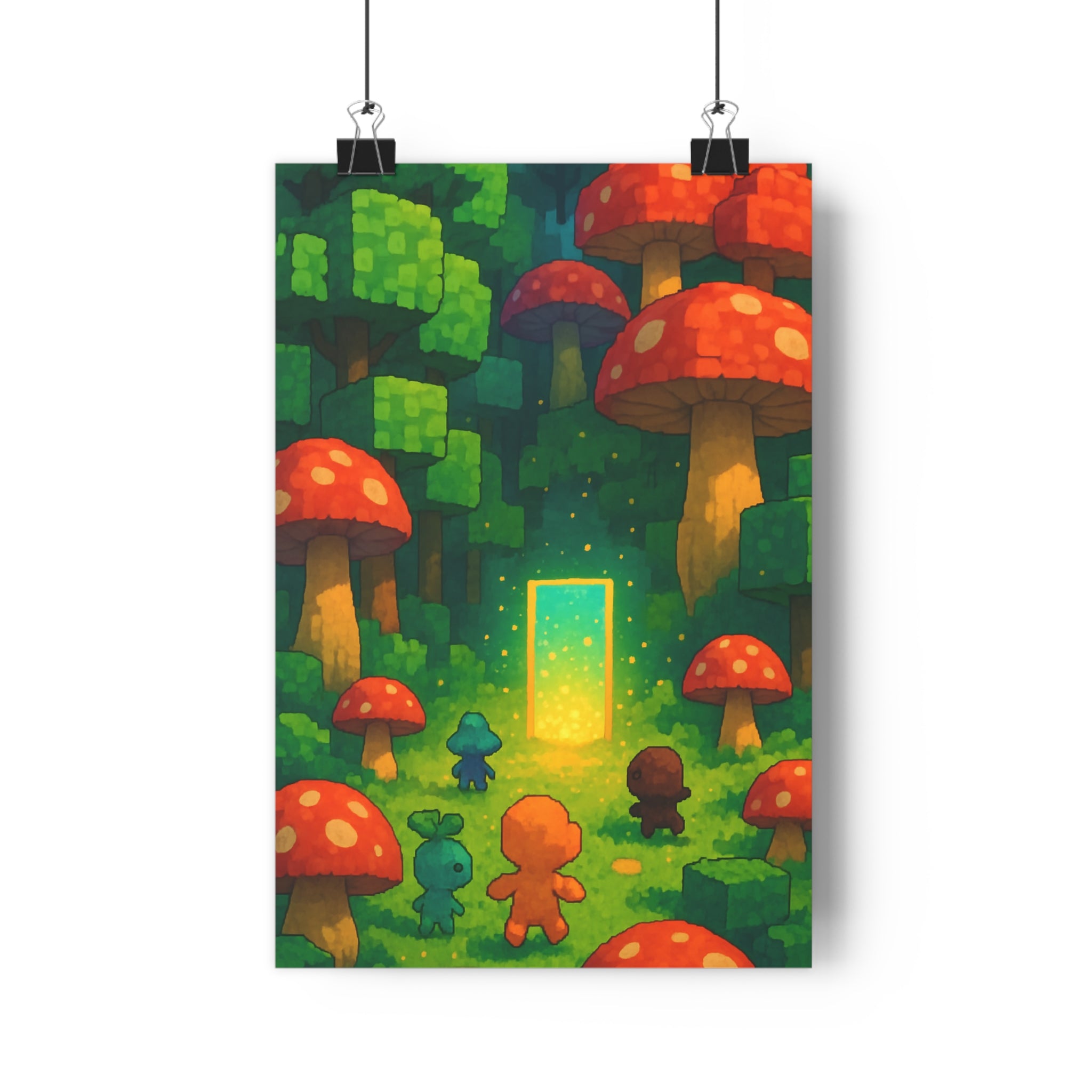 Poster décoratif fantastique forêt enchantée vert violet cartoon mystique chambre enfant créatures lumineuses ambiance