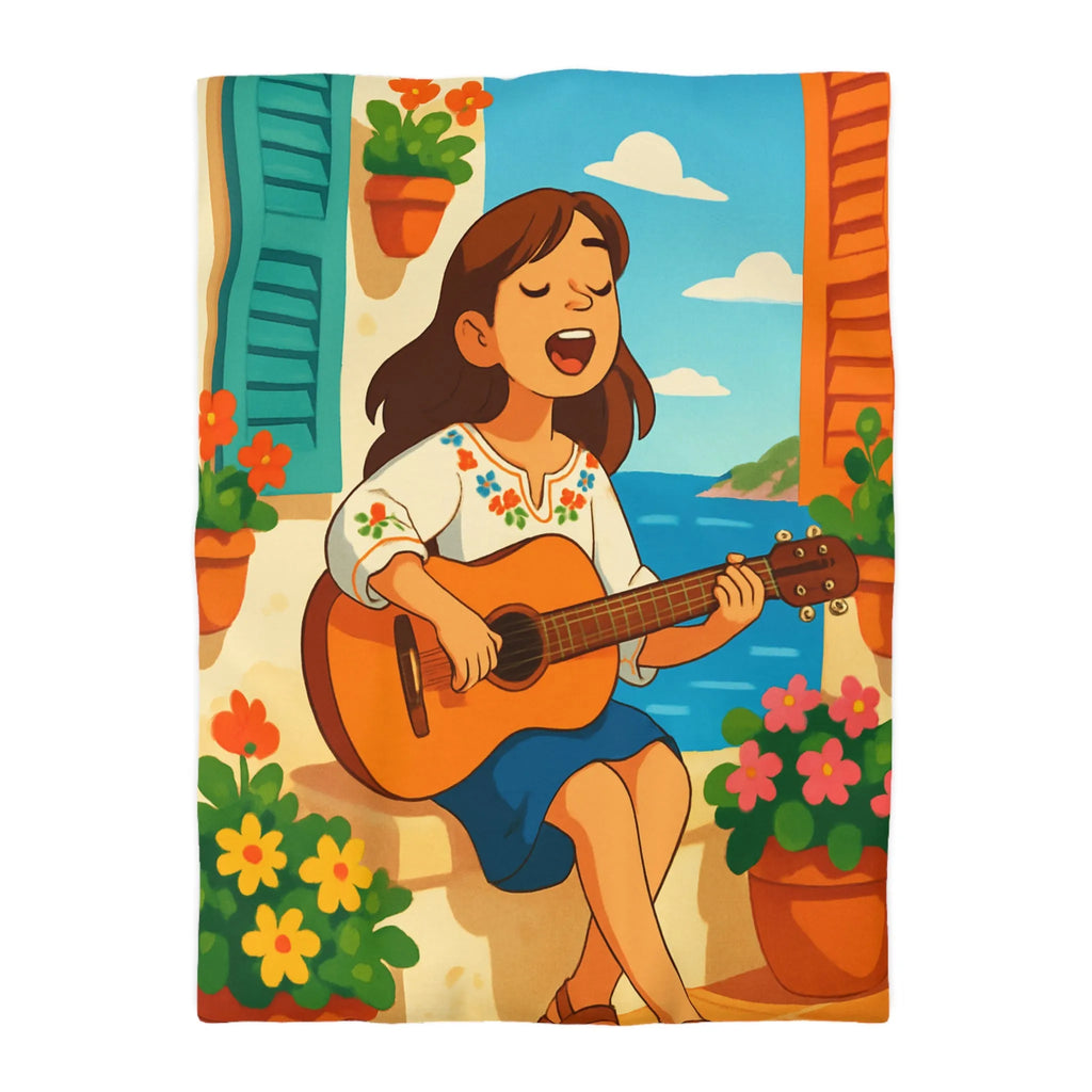 Housse de couette animée avec fille jouant de la guitare en bord de mer