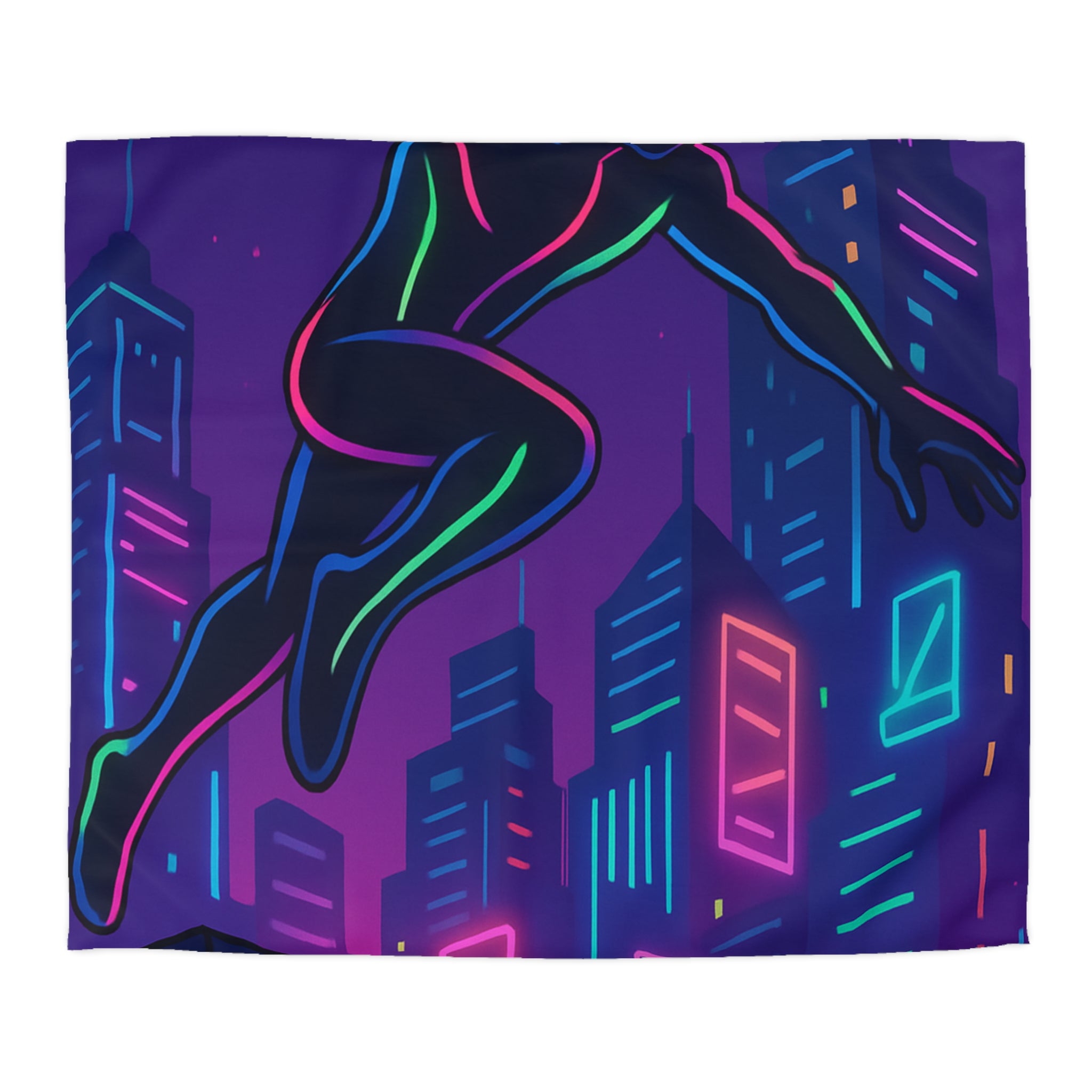 Housse de couette néon urbain avec silhouette héroïque sautant devant gratte-ciel lumineux