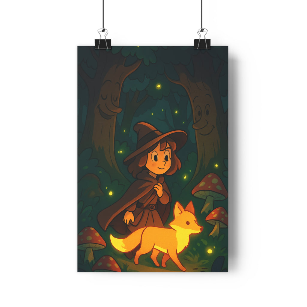 Poster décoratif féérique vert orange enchanté mystique chambre enfant ambiance magique style cartoon aventures