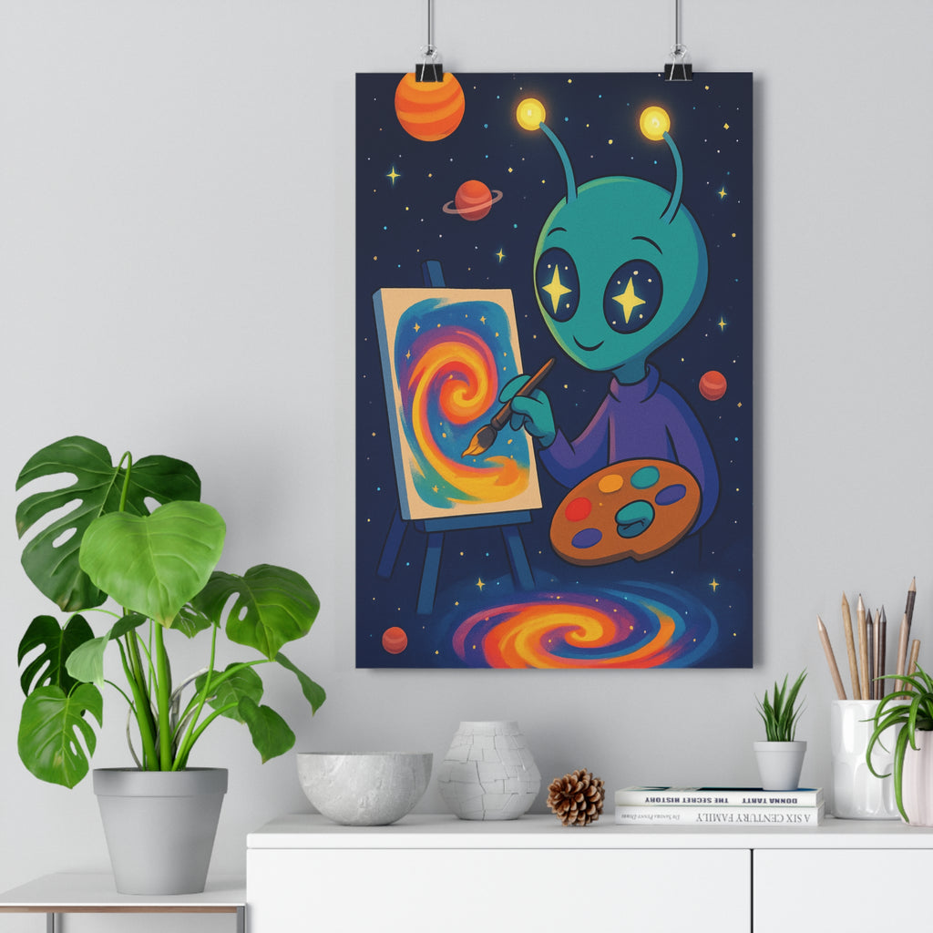 Poster décoratif extraterrestre vert lumineux cartoon espace joyeux enfant sciencefiction créatif artistique couleur jaune