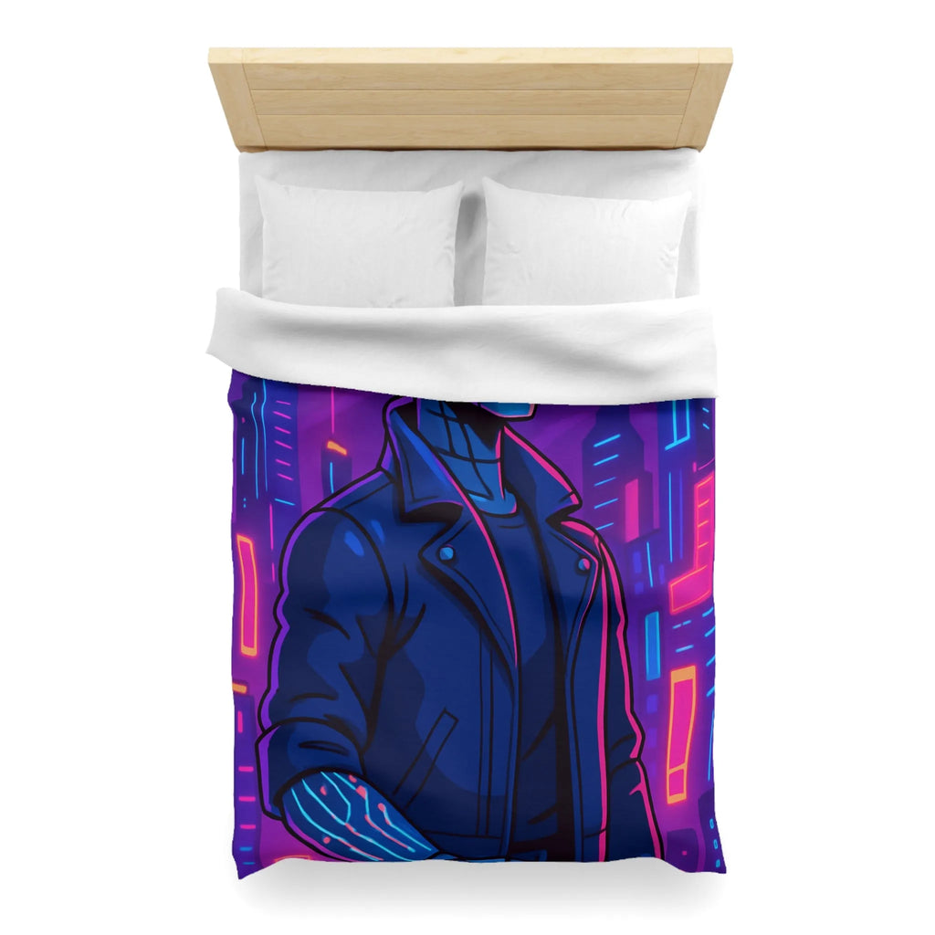 Housse de couette bleu nuit motif rétro-futuriste avec robot et gratte-ciel néon