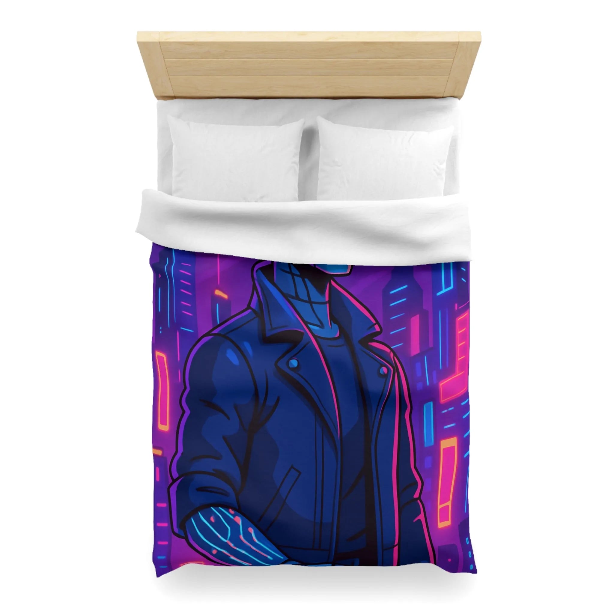 Housse de couette bleu nuit motif rétro-futuriste avec robot et gratte-ciel néon