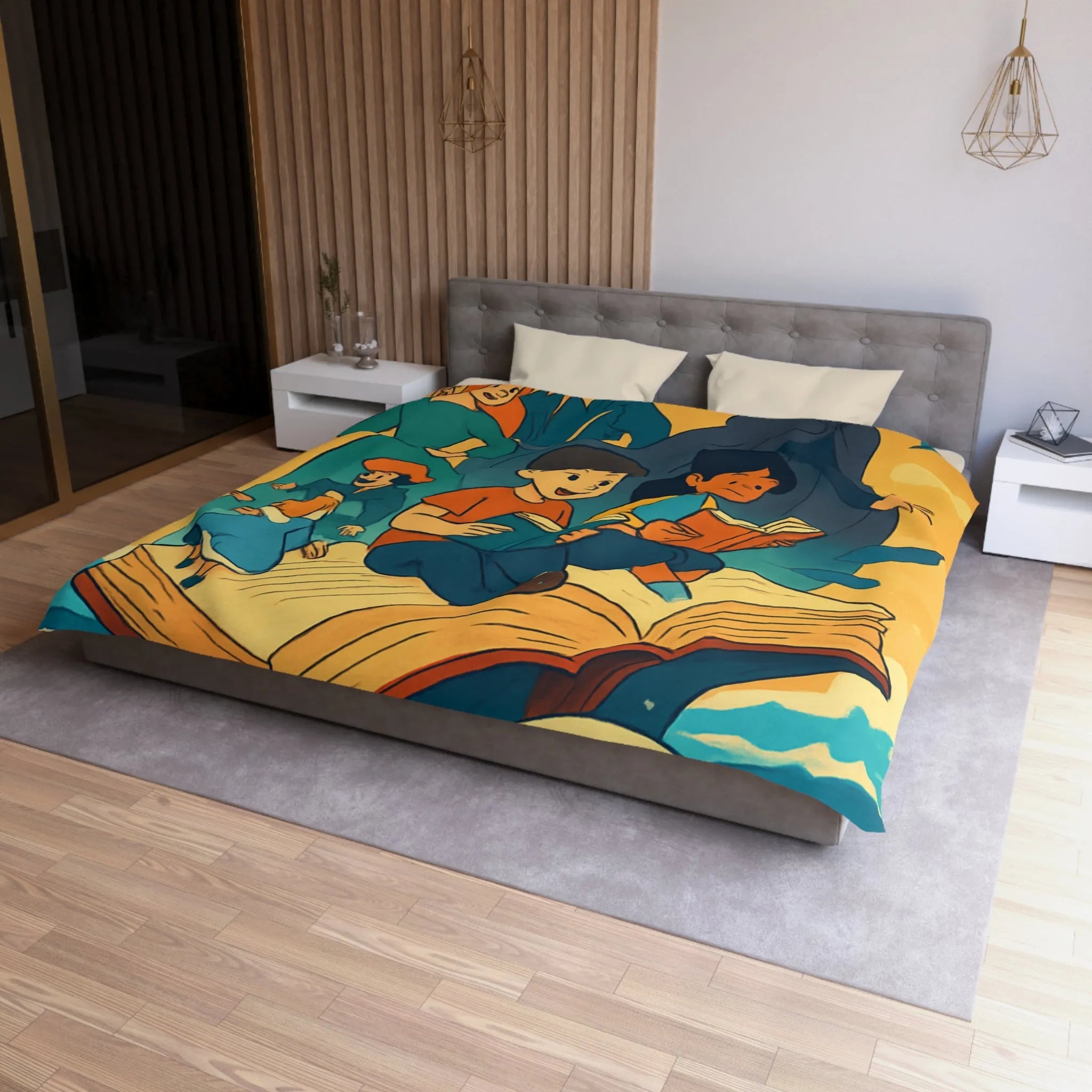 Housse de couette enfant rêve fantastique avec livre, vagues et personnages imaginaires