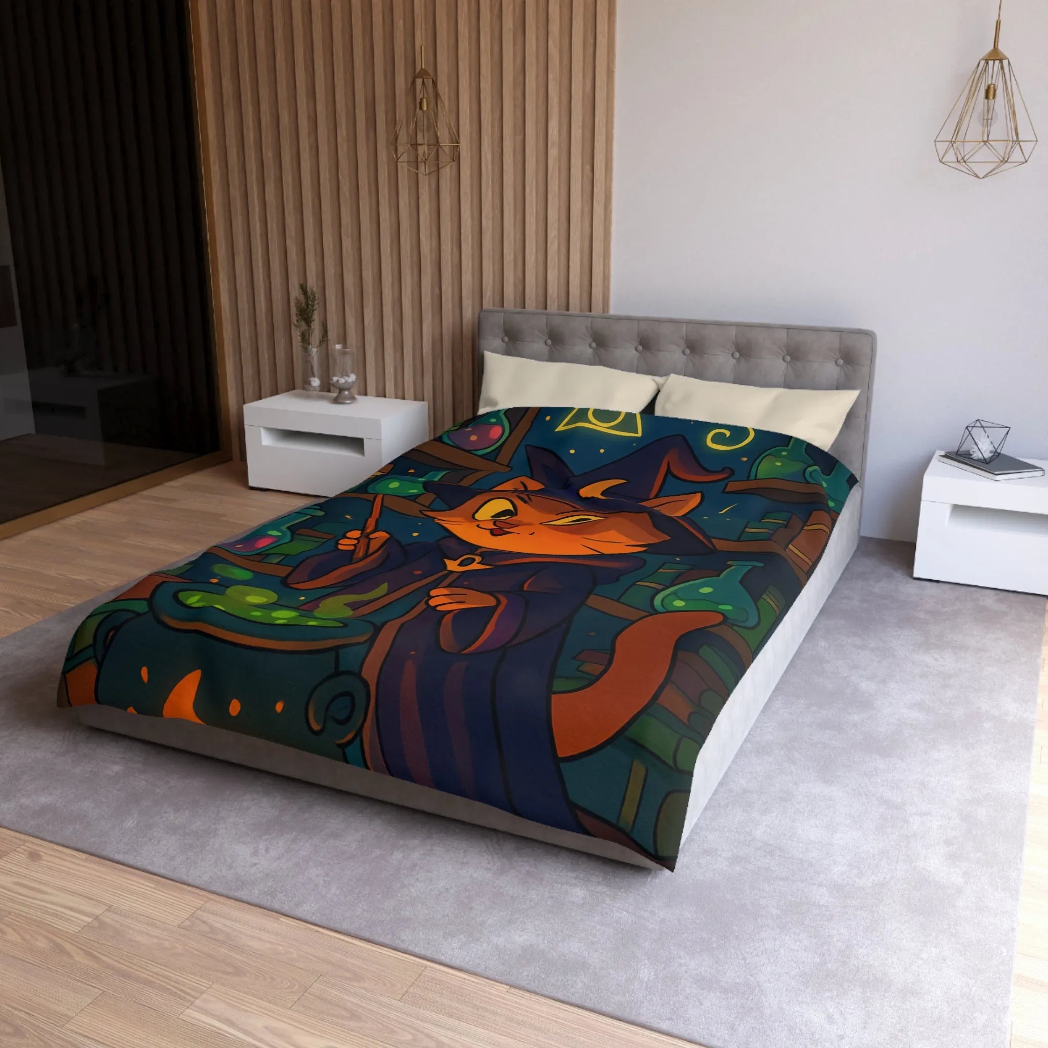 Housse de couette magique avec chat sorcier, chaudron et bibliothèque alchimiste enchanteresse