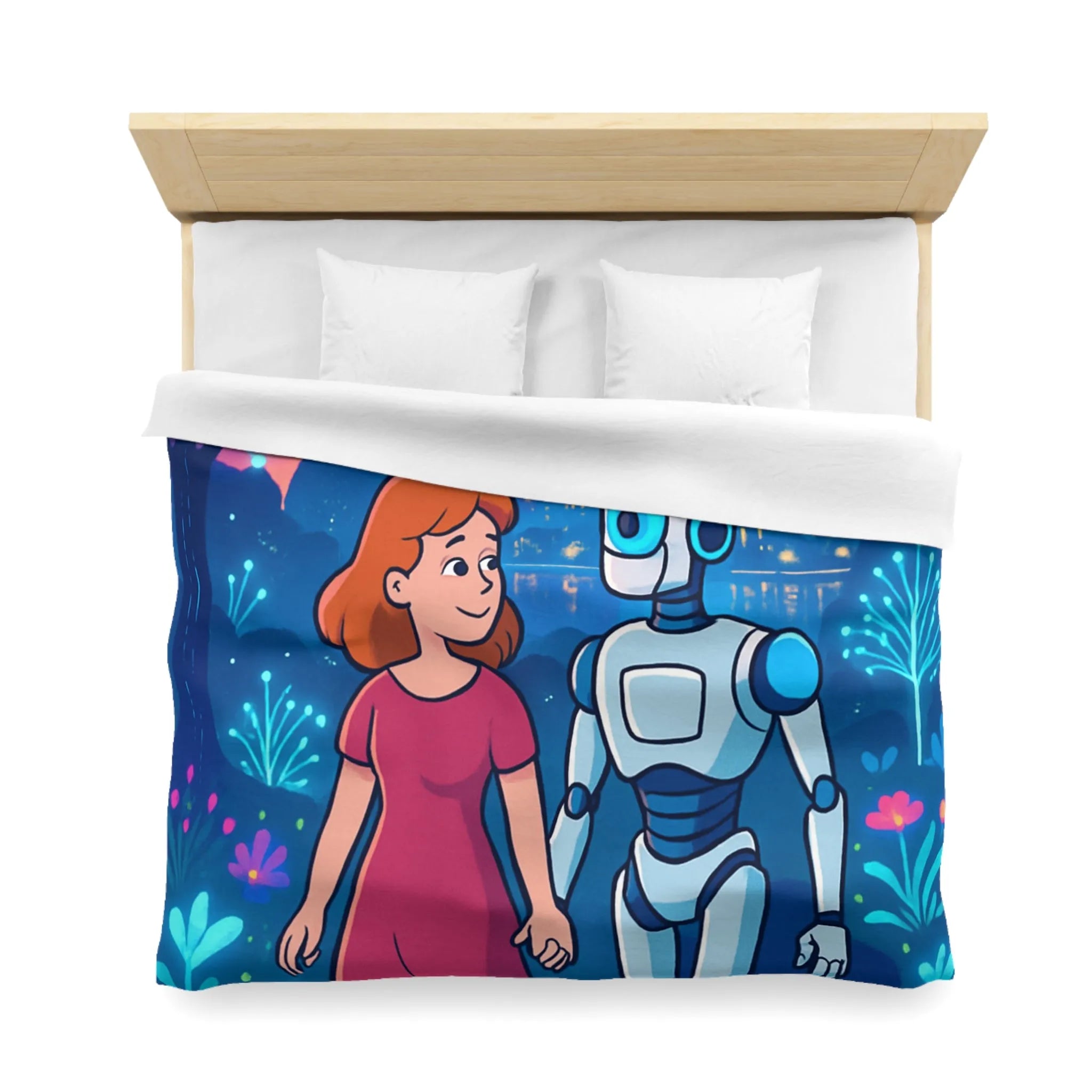 Housse de Couette Enchantée: Enfant et Robot dans un Univers Coloré et Futuriste