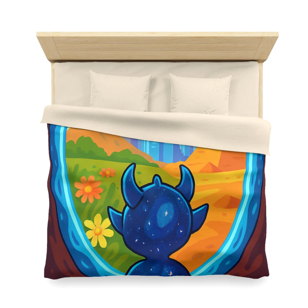 Housse de couette colorée avec créature cosmique et paysage futuriste magique