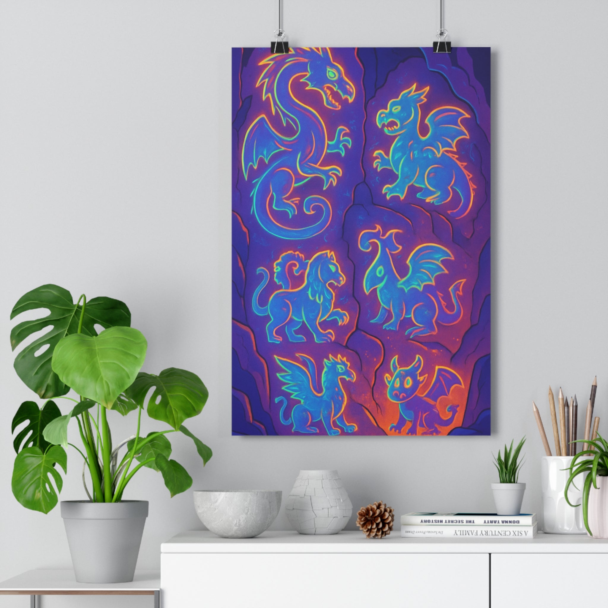 Poster décoratif créatures fantastiques bleu violet orange mystique fantaisie chambre enfant 30x46 lumineux ambiance