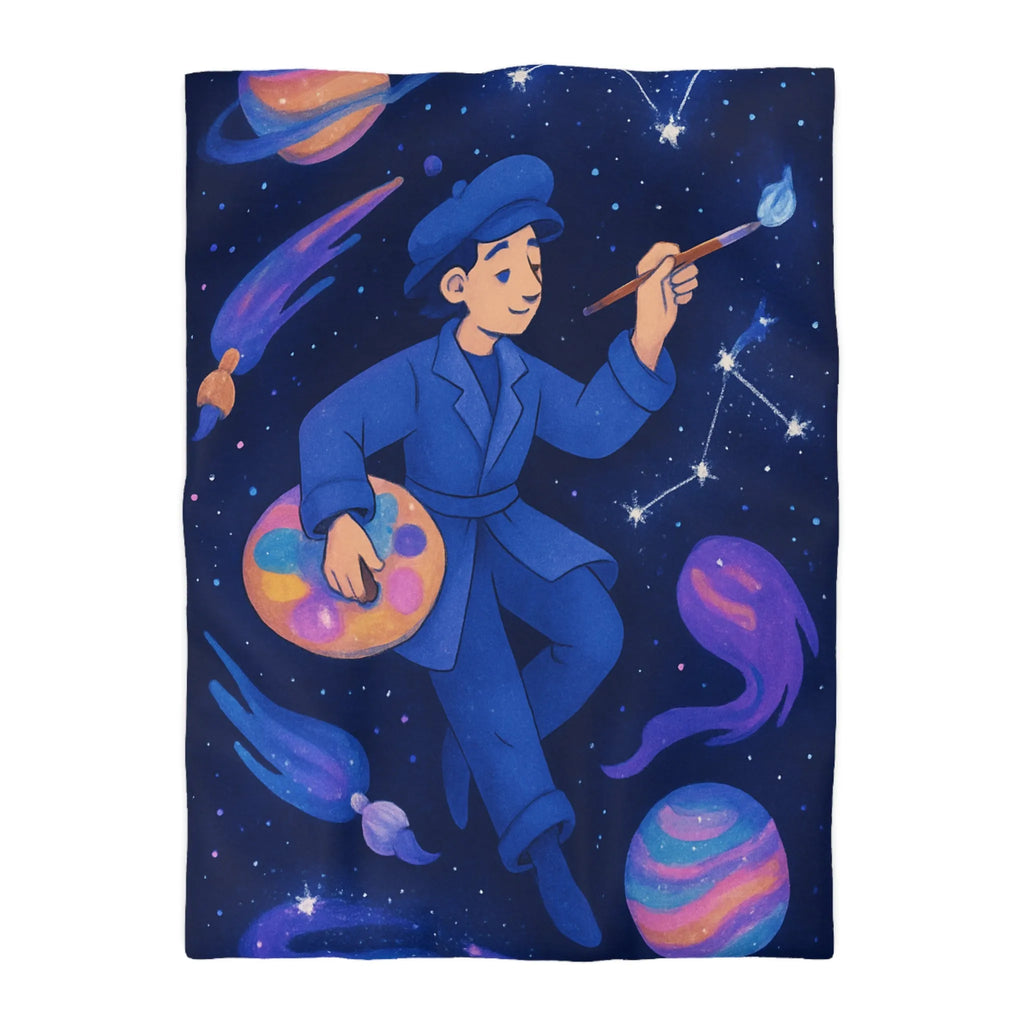 Housse de couette cosmique artiste peignant étoiles galaxies planètes bleues et violettes