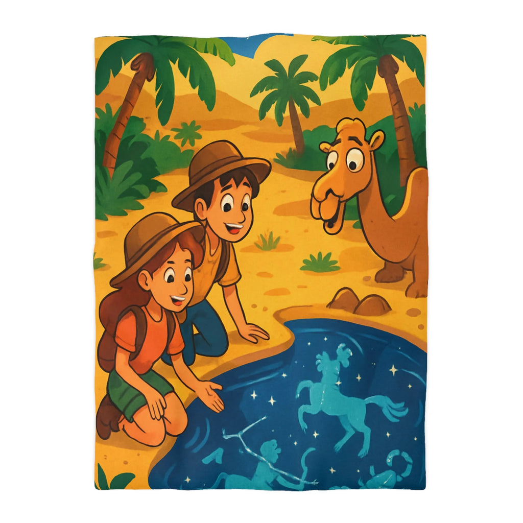 Housse de couette désert exotique enfants étoiles, animaux et aventuriers explorant oasis magique