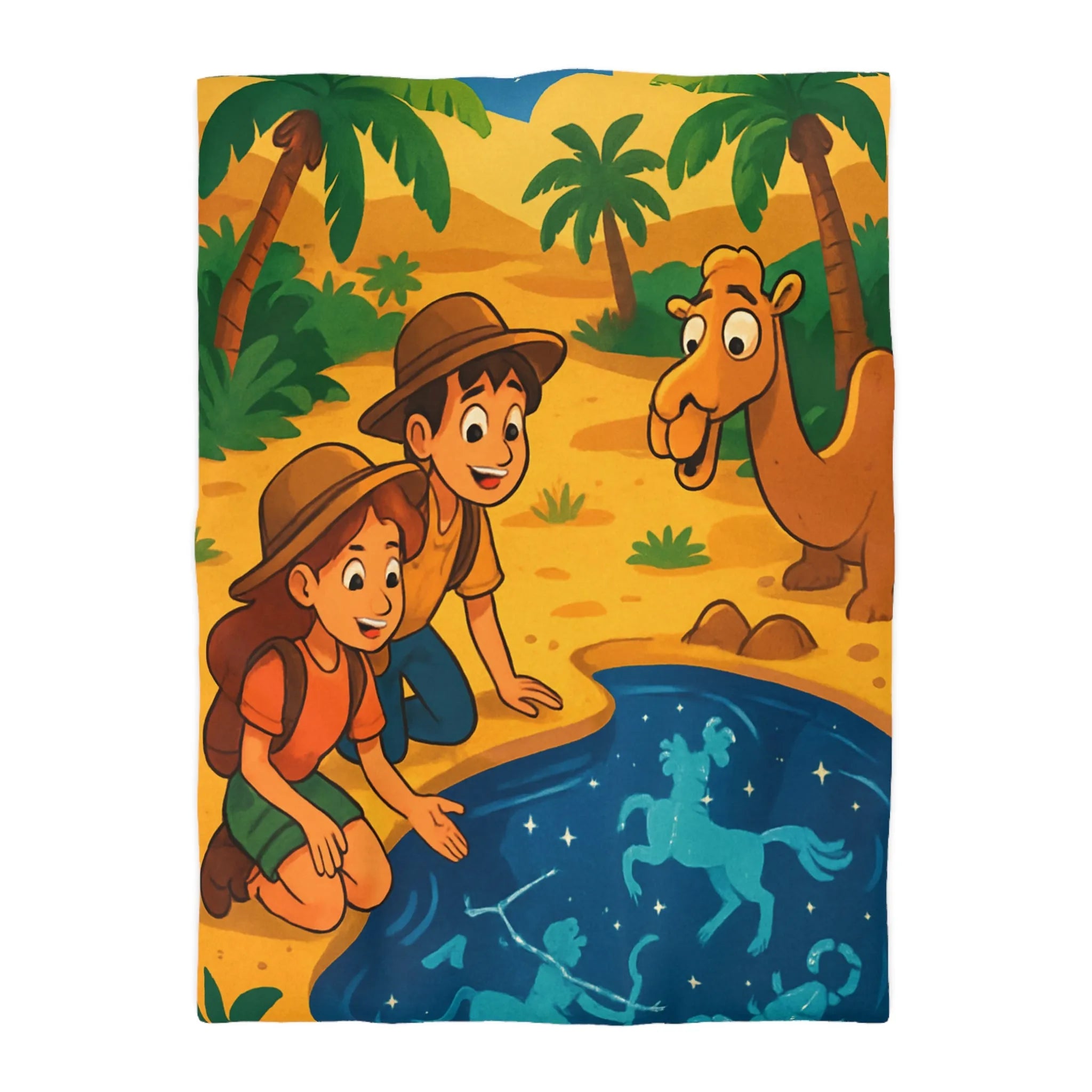 Housse de couette désert exotique enfants étoiles, animaux et aventuriers explorant oasis magique