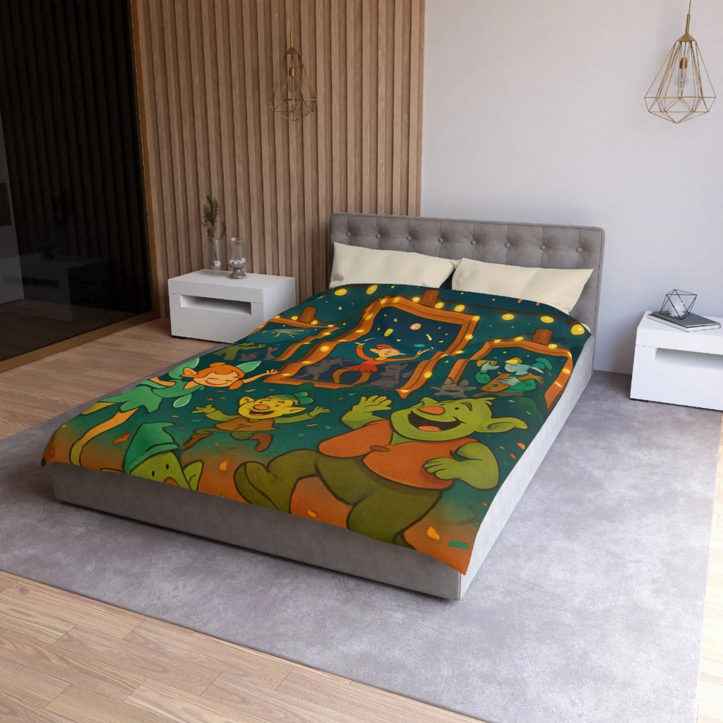 Housse de couette colorée avec lutins dans une fête enchantée sous feux d'artifice