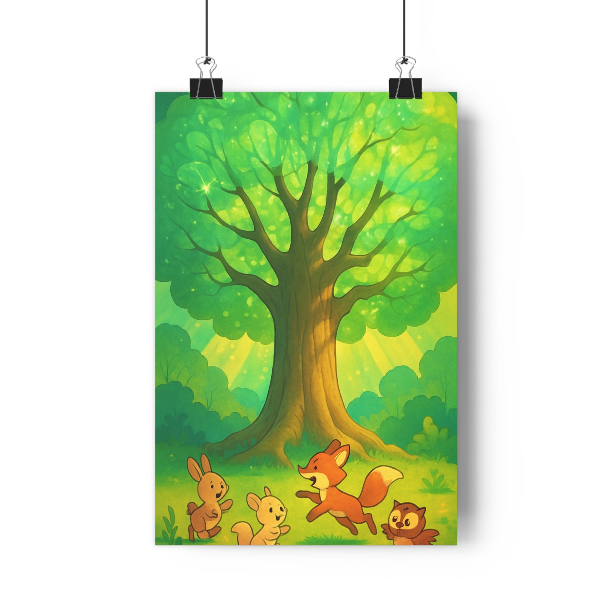 Poster décoratif animé vert doré joyeux enfant chambre nature fantaisie renard lapins chouette 30x46