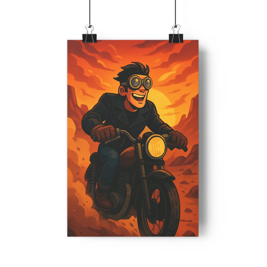 Poster décoratif cartoon orange brun aventure dynamique chambre salon bureau joyeux personnage stylisé moto