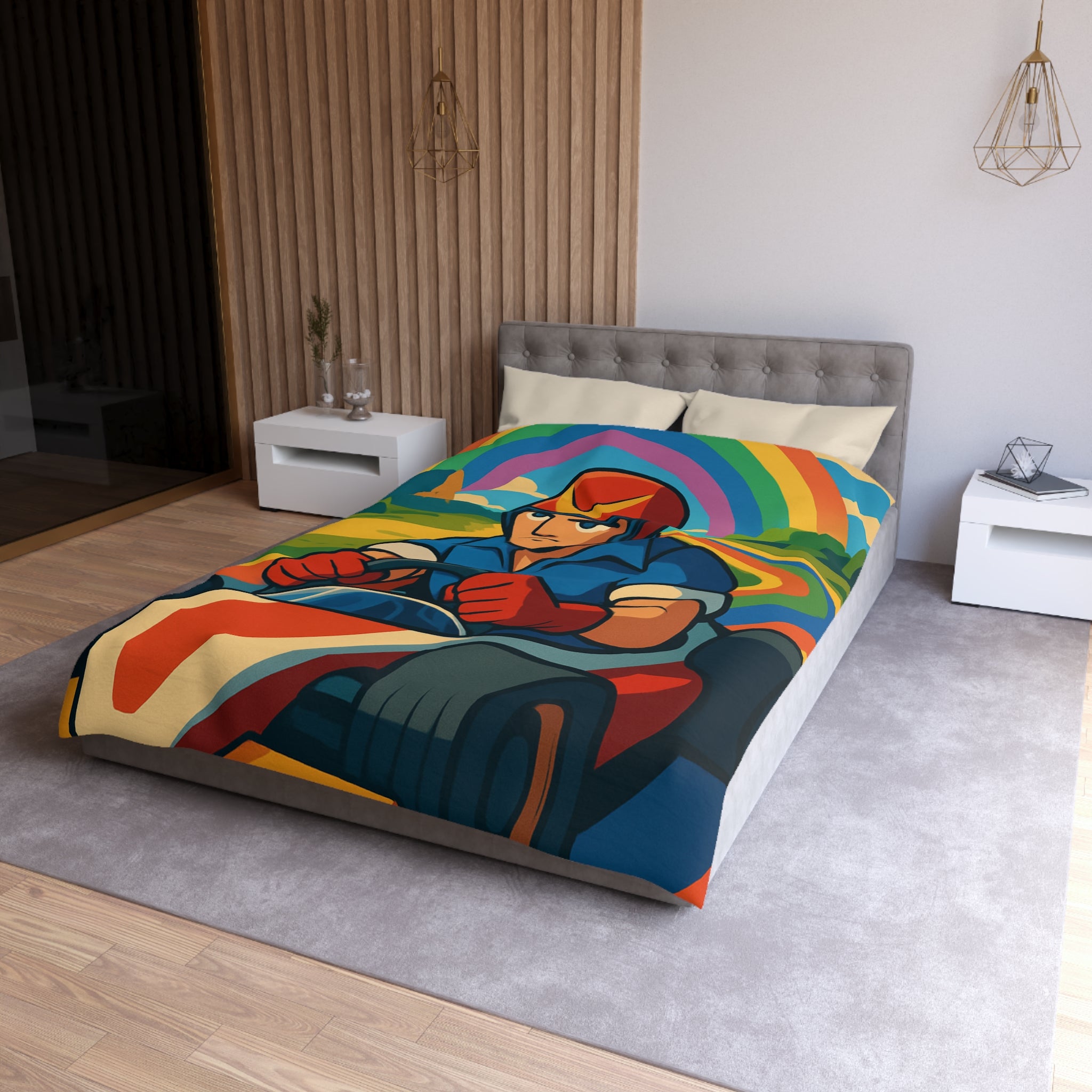 Housse de couette rétro colorée avec pilote de karting sous un arc-en-ciel vibrant