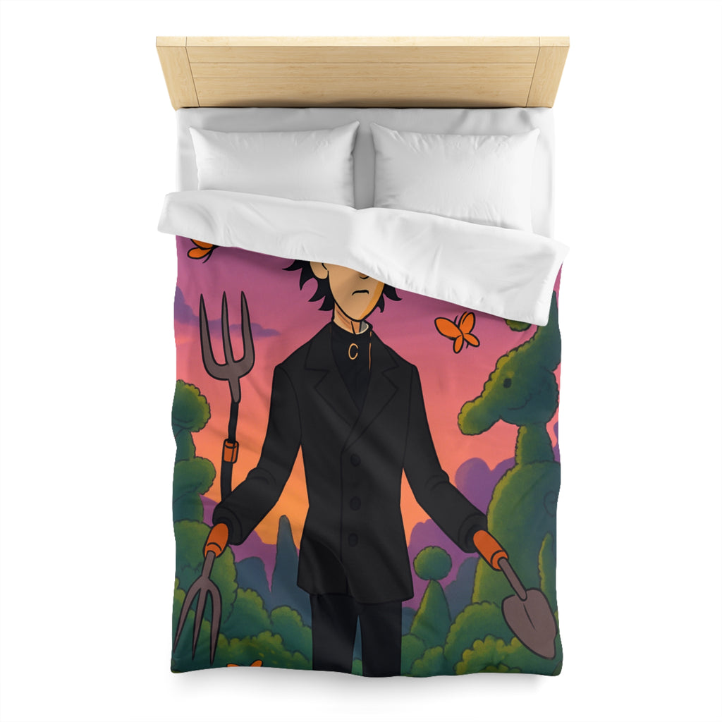 Housse de couette stylée avec personnage rêveur, jardin magique et papillons colorés