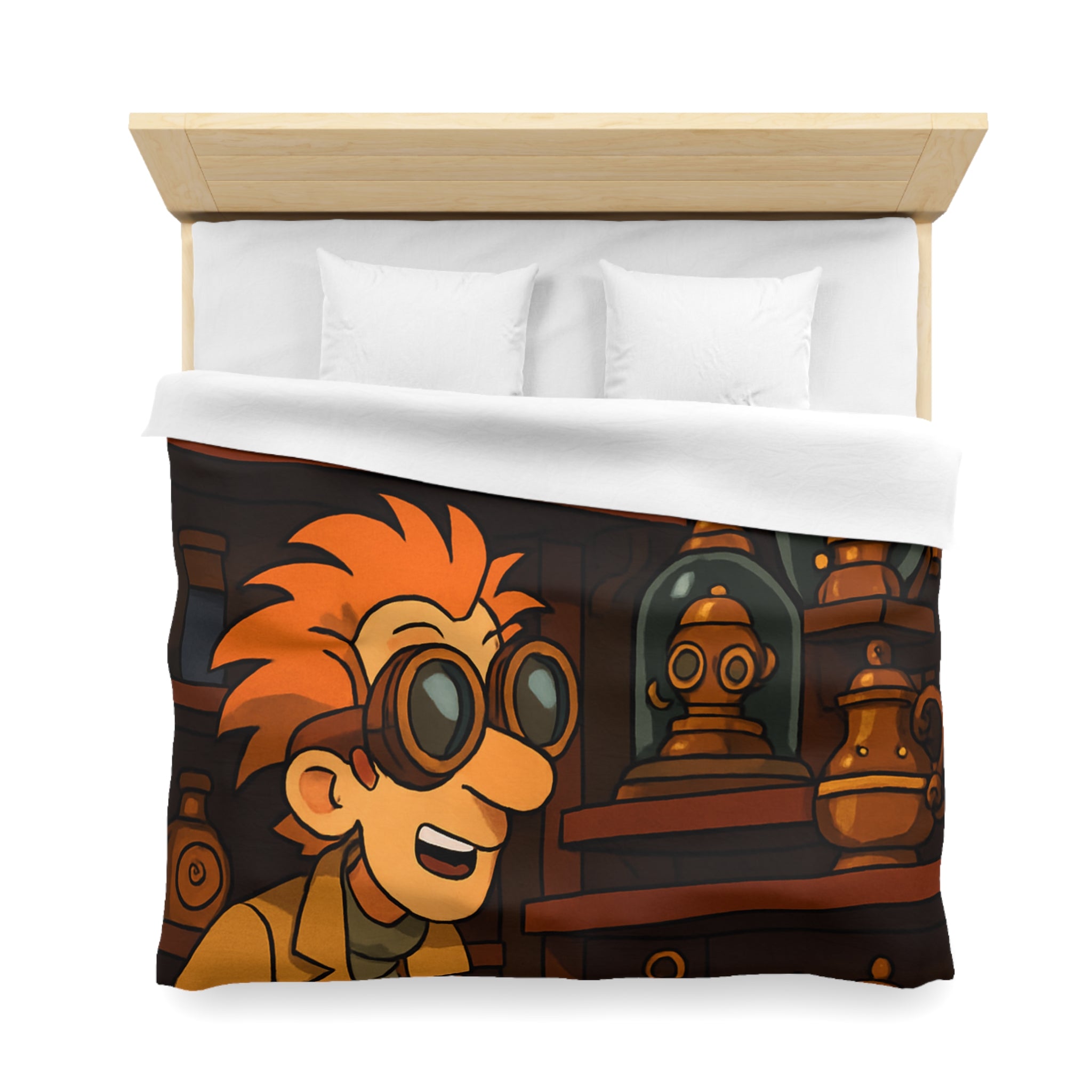 Housse de couette steampunk avec engrenages dorés et inventeur aux lunettes futuristes