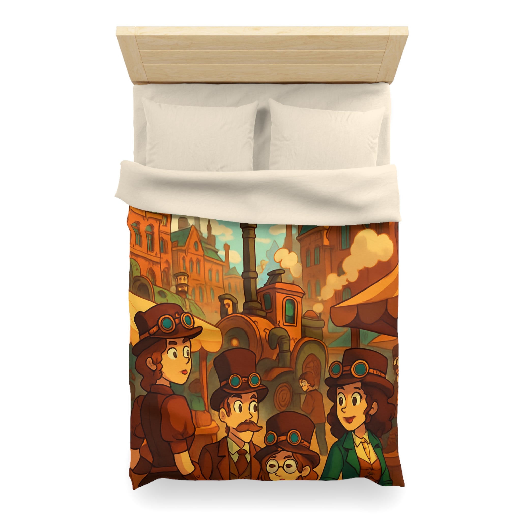 Housse de couette steampunk rétro avec famille, dirigeables et ville victorienne animée