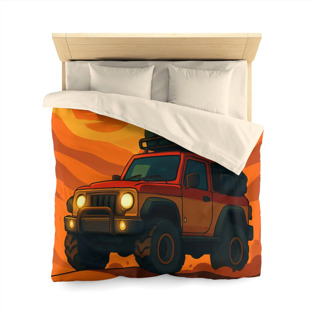 Housse de couette aventure désert rouge avec 4x4 et coucher de soleil éclatant