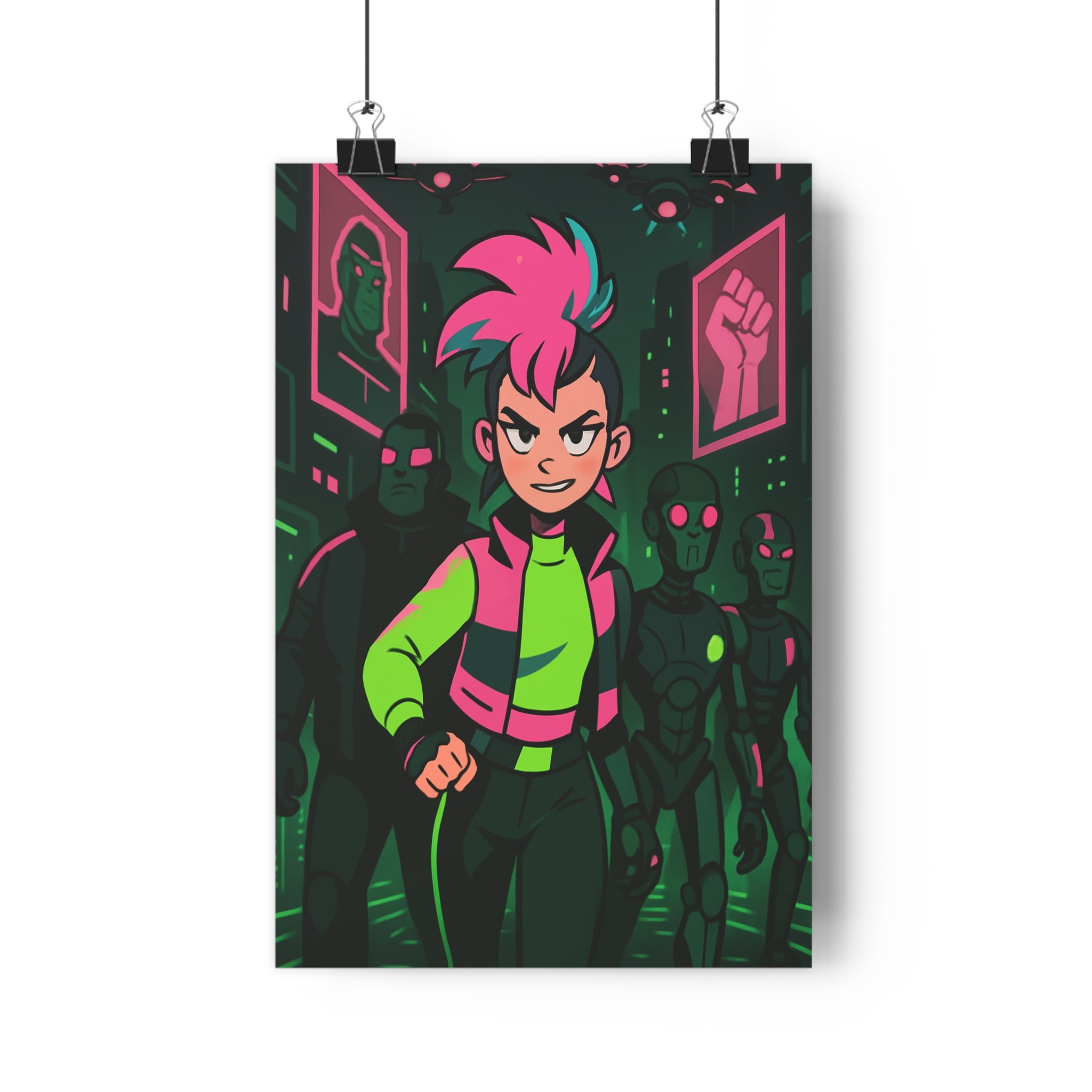 Poster décoratif cyberpunk néon rose vert animé futuriste ambiance révolution salon chambre design tendance