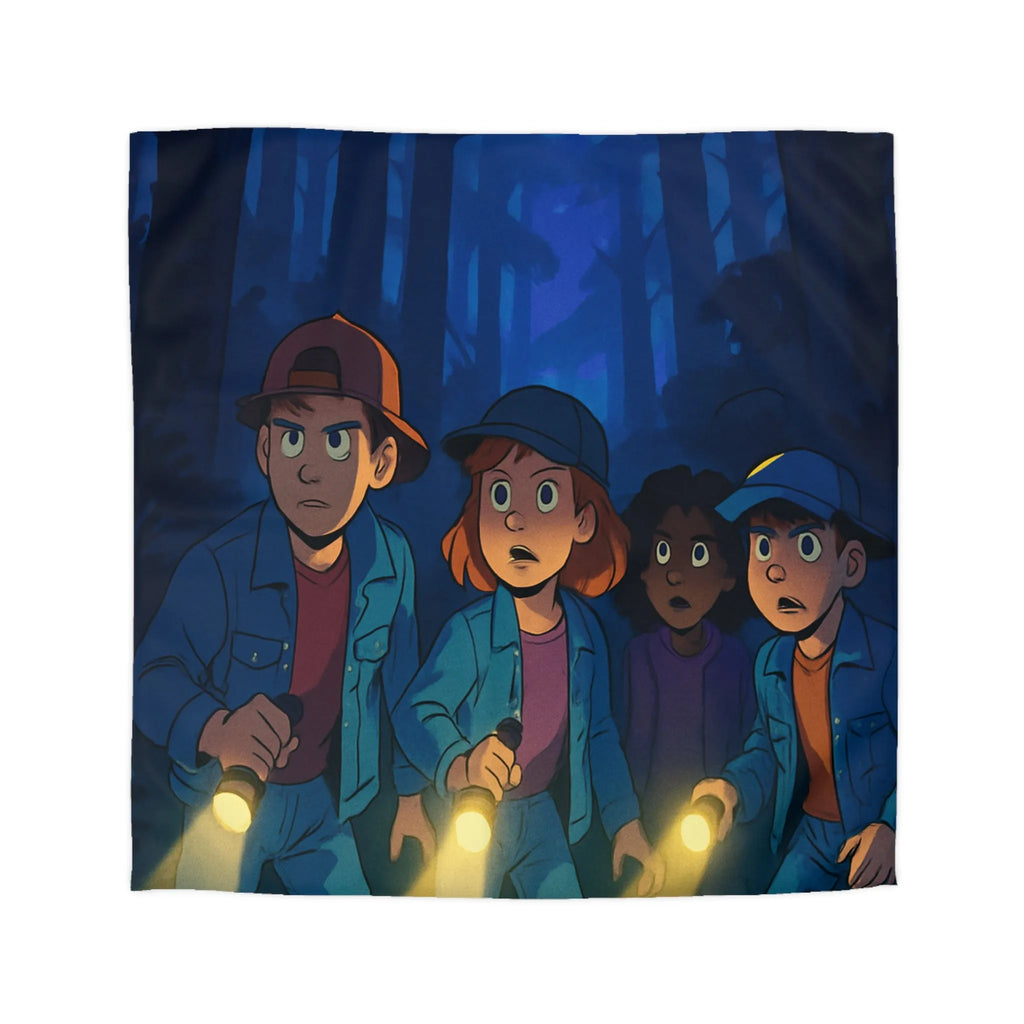 Housse de couette forêt mystérieuse enfants explorateurs avec lampes de poche illustration nocturne