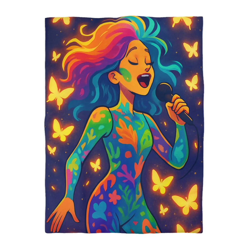 Housse de Couette Colorée : Artiste Chantant Entourée de Papillons Lumineux et Vibrants