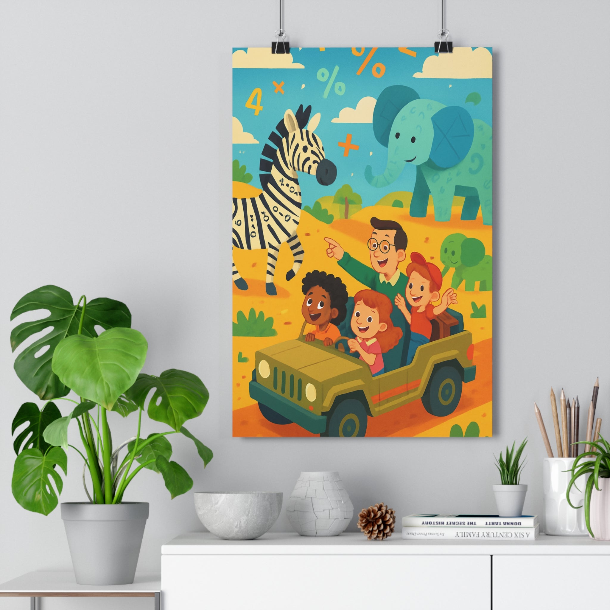 Poster décoratif éducatif cartoon enfants aventure safari girafe zèbre éléphant couleurs vives chambre ludique