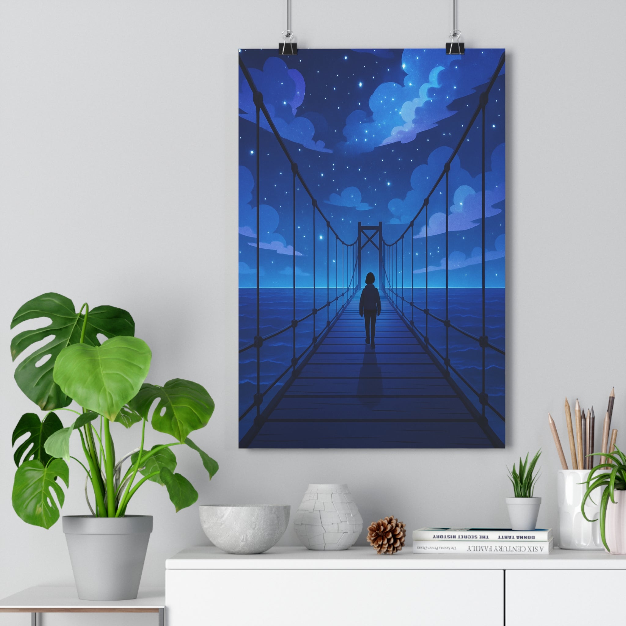 Poster décoratif mystique bleu violet pont étoilé apaisant rêveur salon chambre 30x46 sérénité qualité