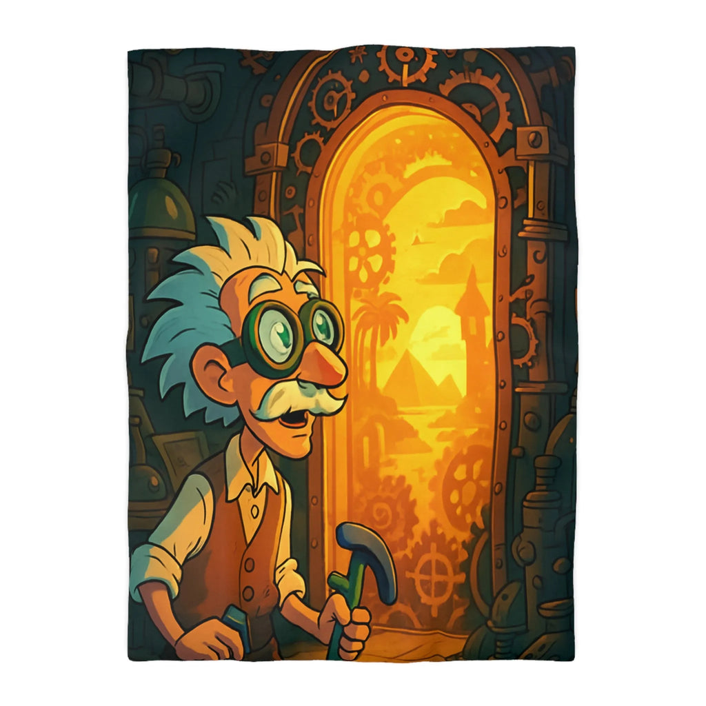 Housse de couette avec professeur inventeur et porte mystérieuse aux teintes orangées